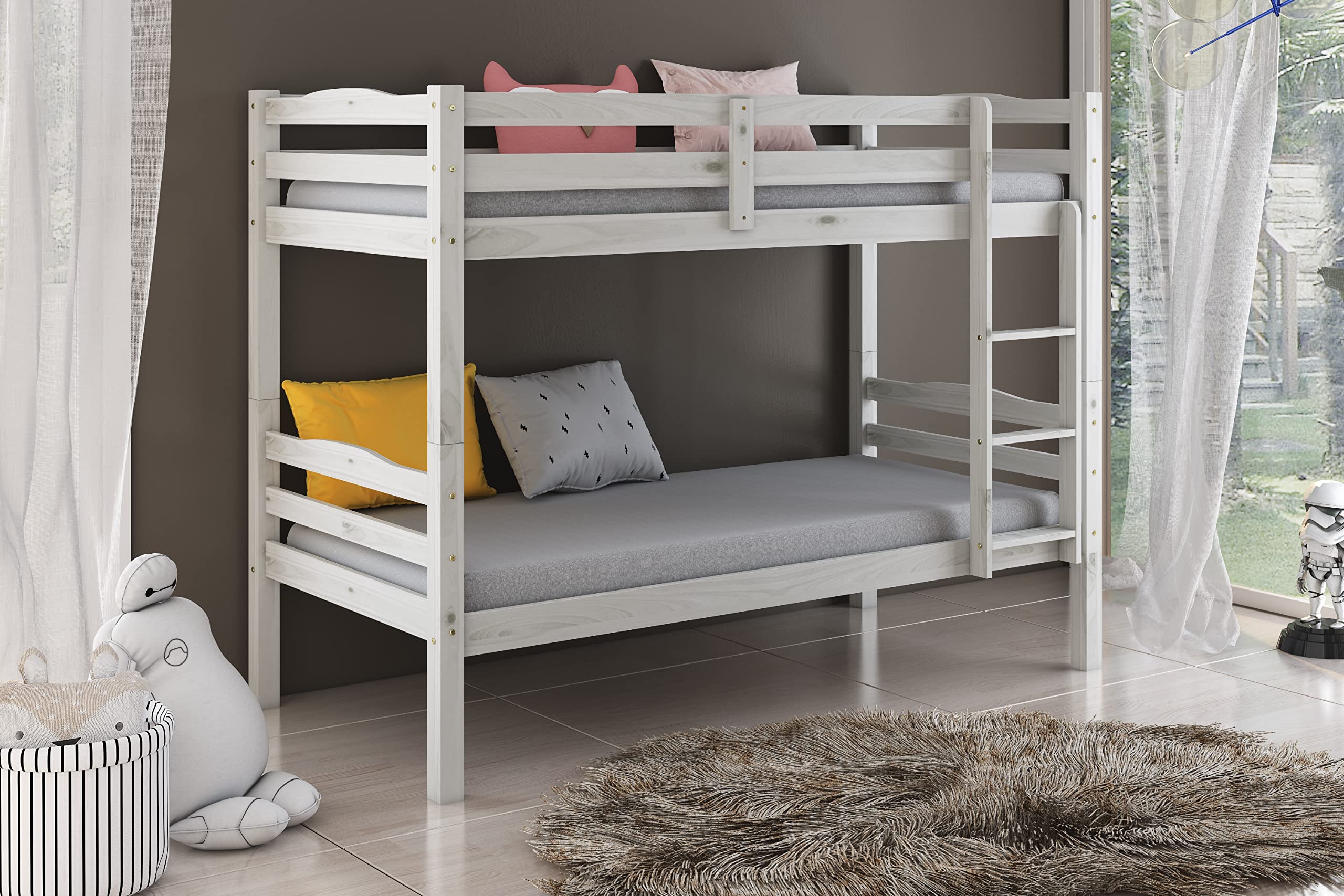 Arredo Stock Letto a castello in legno di pino massello utilizzabile come due letti singoli, 90x190x150 cm (Bianco)