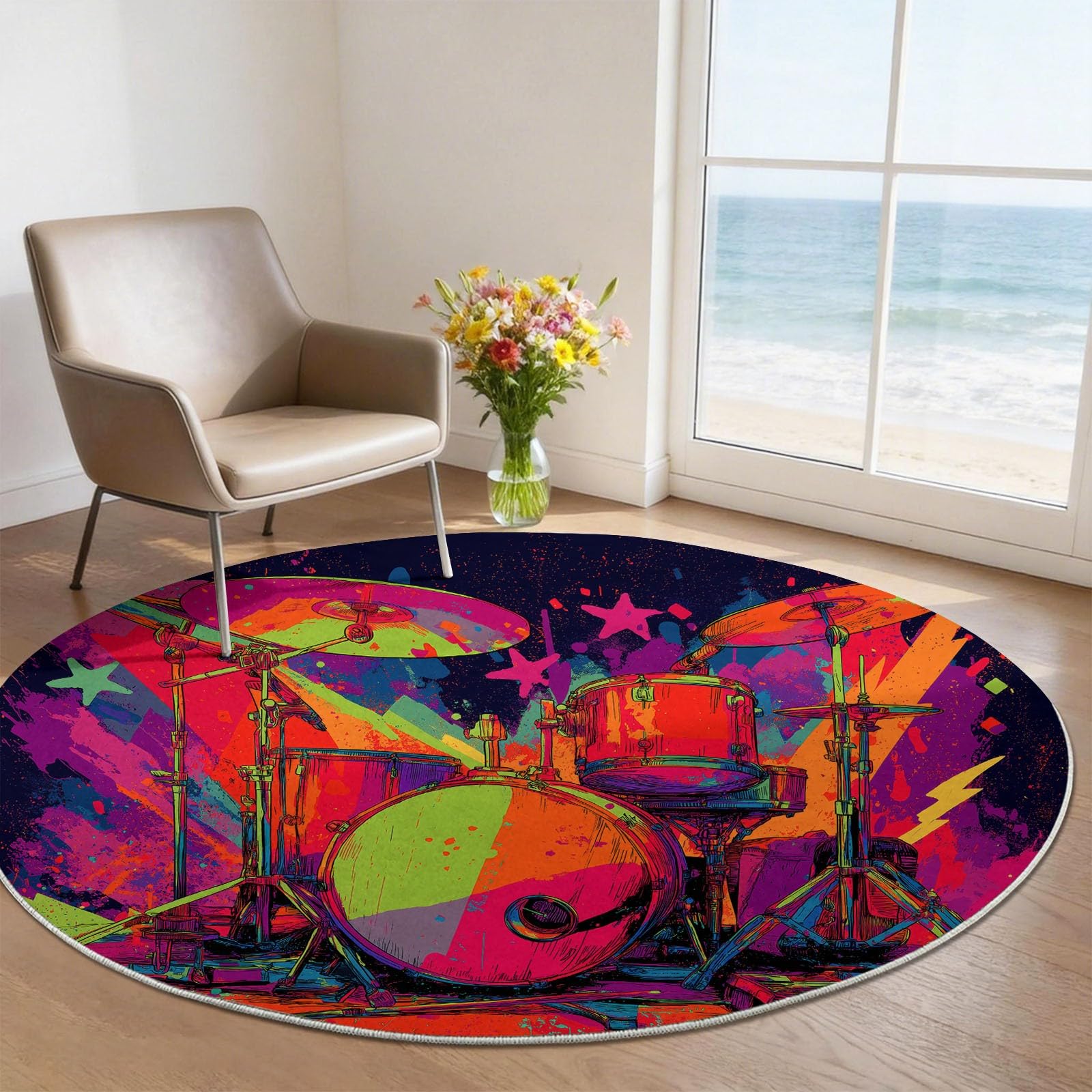 Pop Art Muzyka Okrągły dywan 120 cm Wielokolorowy Gwiazda Bateria Błyskawiczna Salon Okrągła Sypialnia Można prać w pralce Antypoślizgowy dywanik na łóżko do jadalni Kuchnia Biuro, Pokój gier