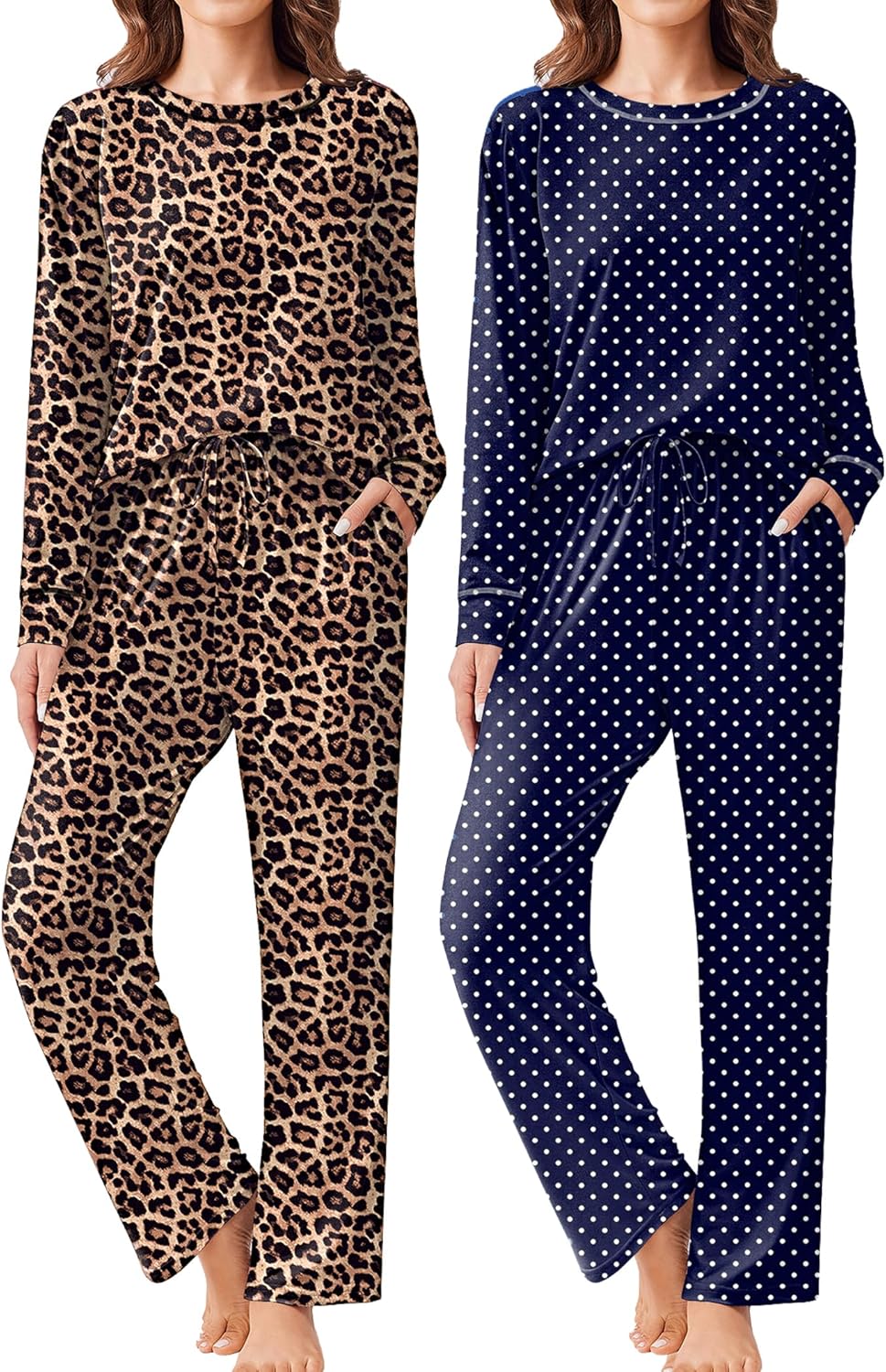 Ekouaer 2 Pack Women Pajama Long Sleeve Sleepwear Soft Loungewear Pjs Sets with Pockets S-XXL
