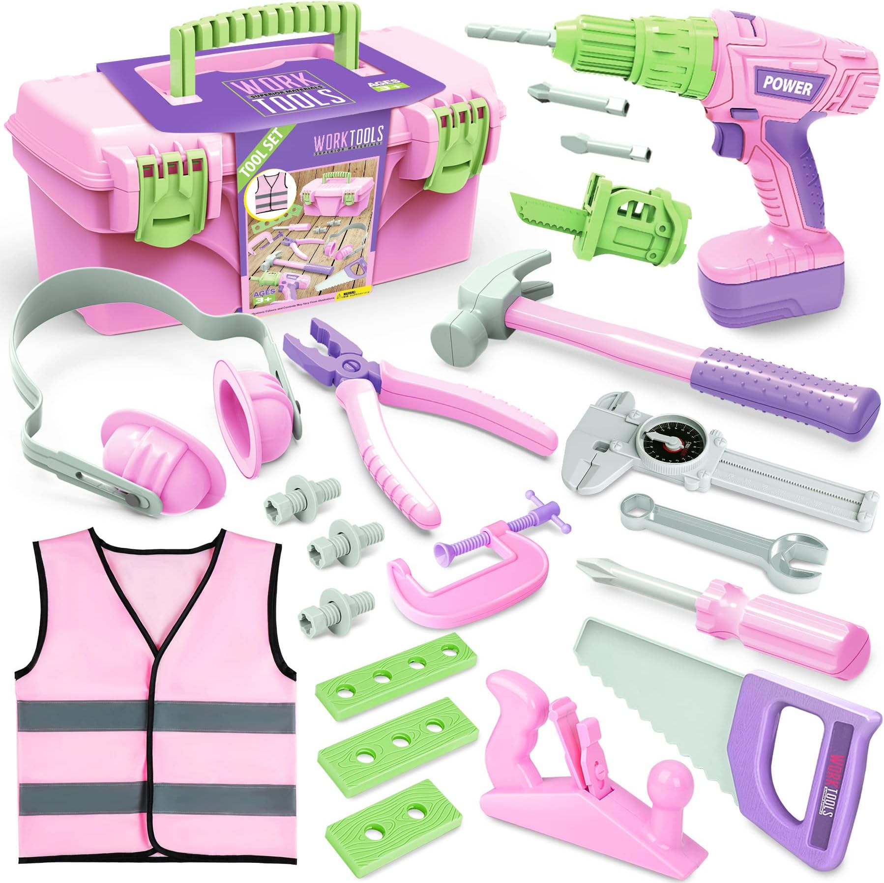 Kids Tool Set with Electric Toy Drill Hammer Tool Box for Girls, Pink Toddler Tool Set Kids Power Construction Pretend Play Tools Kit for 3 4 5 6 7 8 Year Old Toddlers Girl Boys Toys