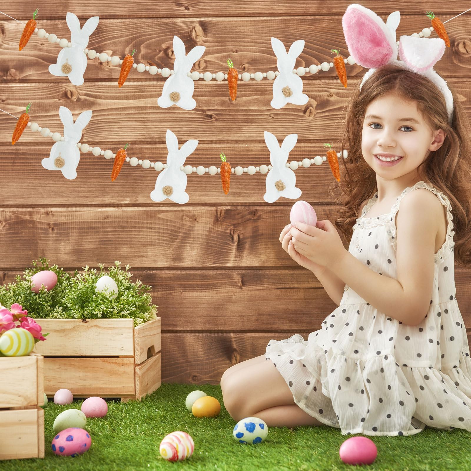 Guirnalda de Pascua de 27.56 pulgadas, decoraciones de conejo de Pascua, cuentas de madera, conejo, zanahoria, banderines colgantes para el hogar, manto, pared o puerta (conejo zanahoria)