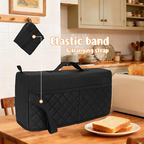 CROTIRAD Toaster Dust Cover for Bella 2-Slice Slim Toaster with 4 Pockets | Quilted Water-Resistant Cover with Aluminum Padded Lining, Top Handle, Hanging Loop and Elastic Storage Strap, Black