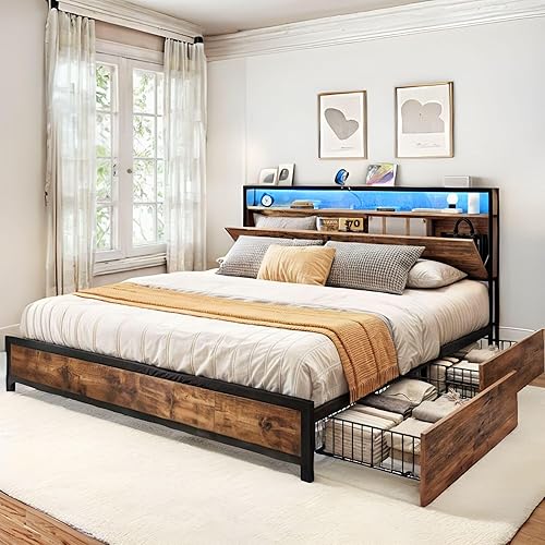YITAHOME King Size Bed Frame with Storage Headboard, Platform Bed with 4 Drawers, LED Bed Frame with USB Ports & Charging Outlets, No Box Spring Needed, Easy Assembly, Vintage Brown