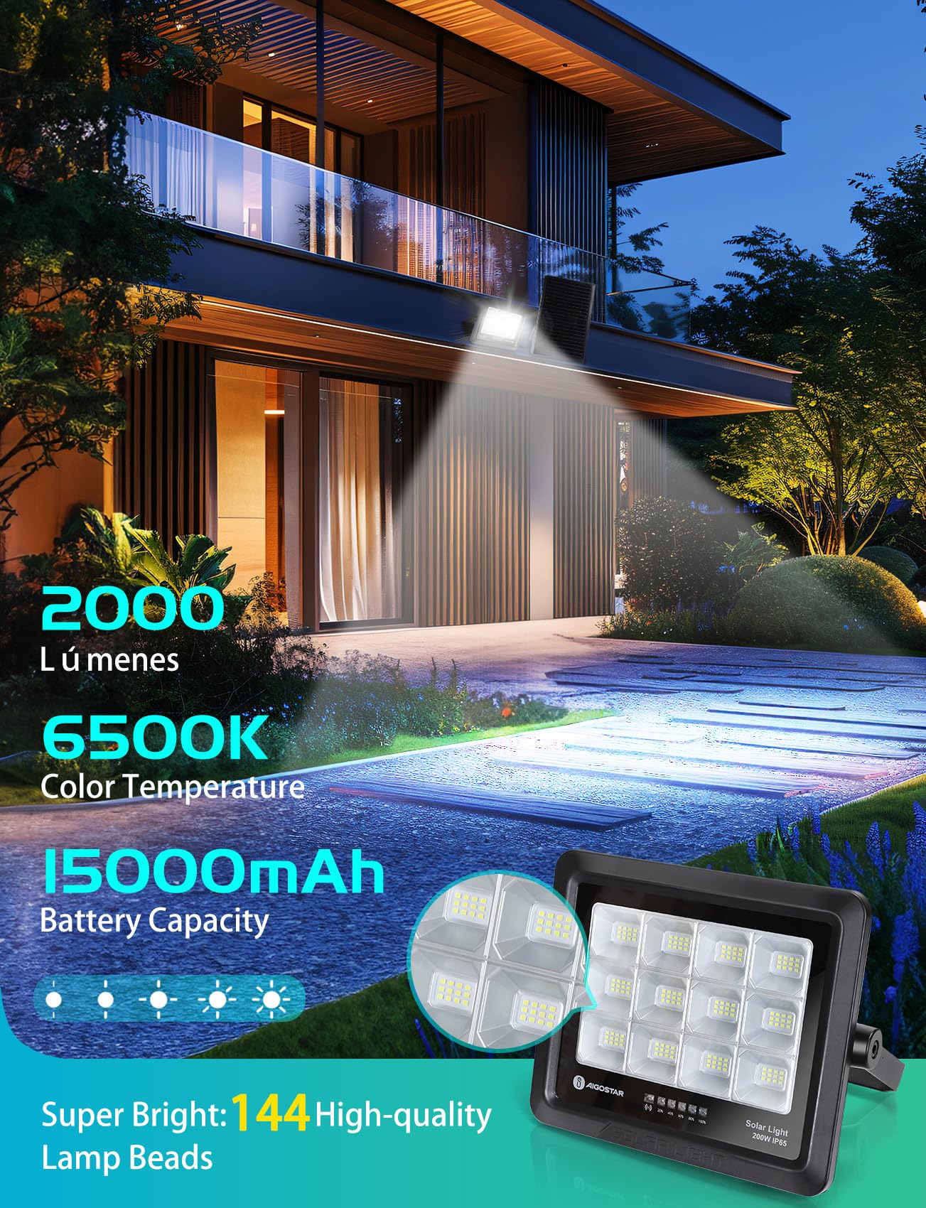 Aigostar Foco Proyector LED Solar 200w, Blanco Frío 6500K, con mando a distancia, Impermeable IP65, Visualización del nivel de batería, con Brillo y Sincronización ajustables para Jardín, 2 pcs
