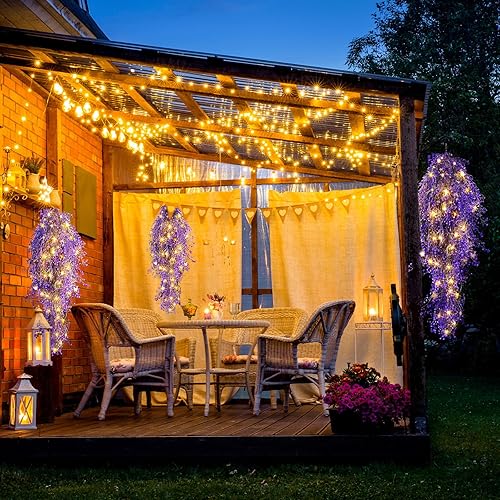 Miniatura 5 de Mudder 3 paquetes de plantas colgantes artificiales LED, planta colgante falsa de 3.6 pies, color morado musgo español, cadena de pared para el