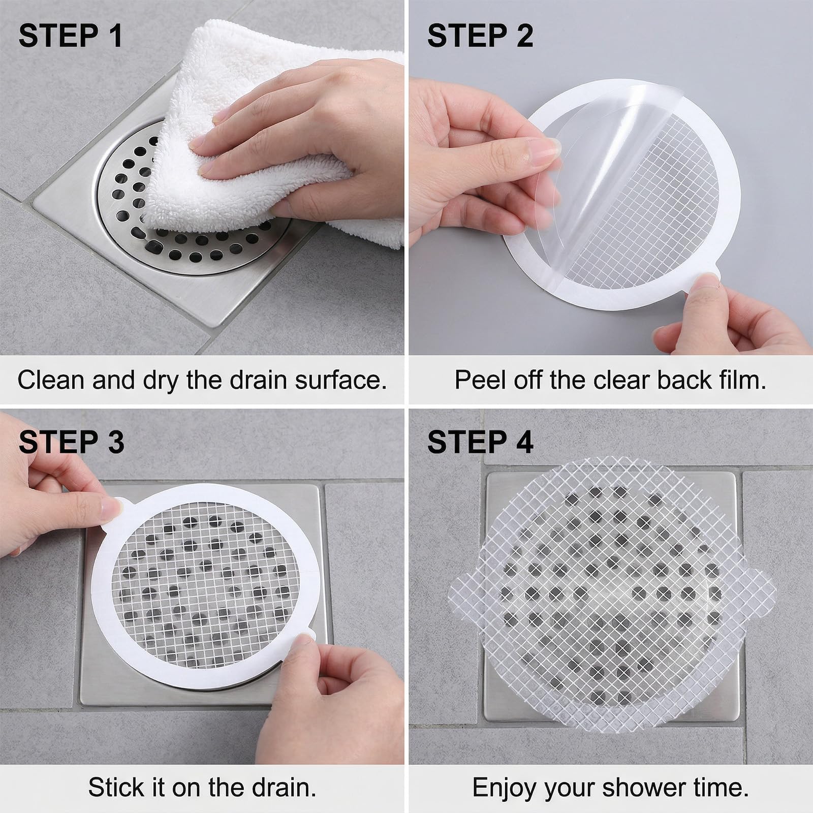 Paquete de 30 atrapapelos desechables para desagüe de ducha, pegatinas de malla de drenaje de ducha, trampa redonda para el cabello, cubierta de desagüe de 4.3 pulgadas, filtro de ducha para baño