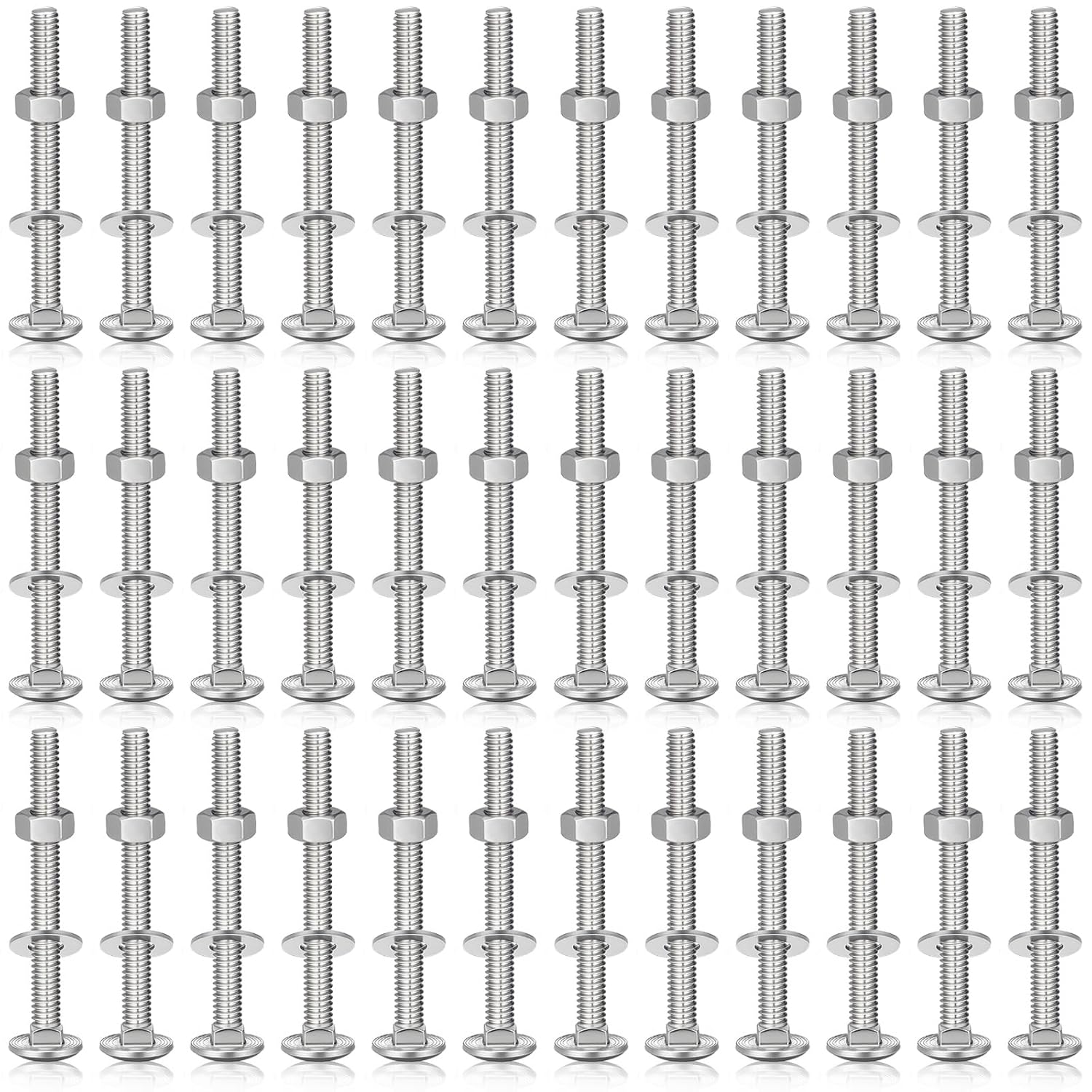 Zonon 50 Sets 5/16-18 x 3 Stainless Steel Carriage Bolts and Nuts Kit Round Head Square Neck Carriage Bolts Screws and Hex Nuts and Flat Washers, Stainless 18-8 Full Thread Coverage (Silver)