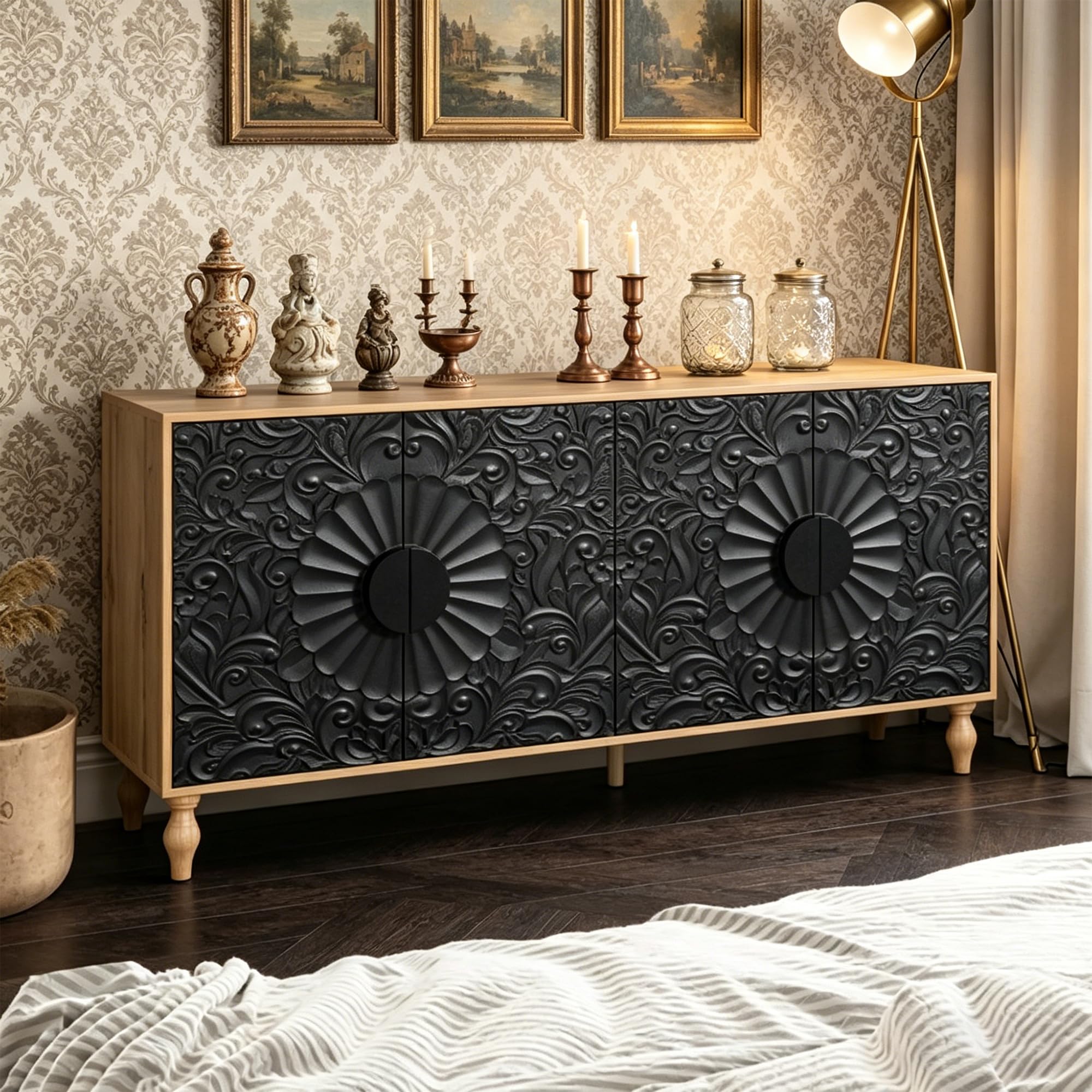 Condition photo showing New/Like New for large storage cabinet 63” wide, farmhouse sideboard with adjustable shelves, carved sunburst doors, mdf, boho moroccan style for entryway kitchen (black+natural)