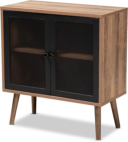 Baxton Studio Yuna - Armario de almacenamiento moderno de 2 puertas con acabado marrón natural de transición y metal negro