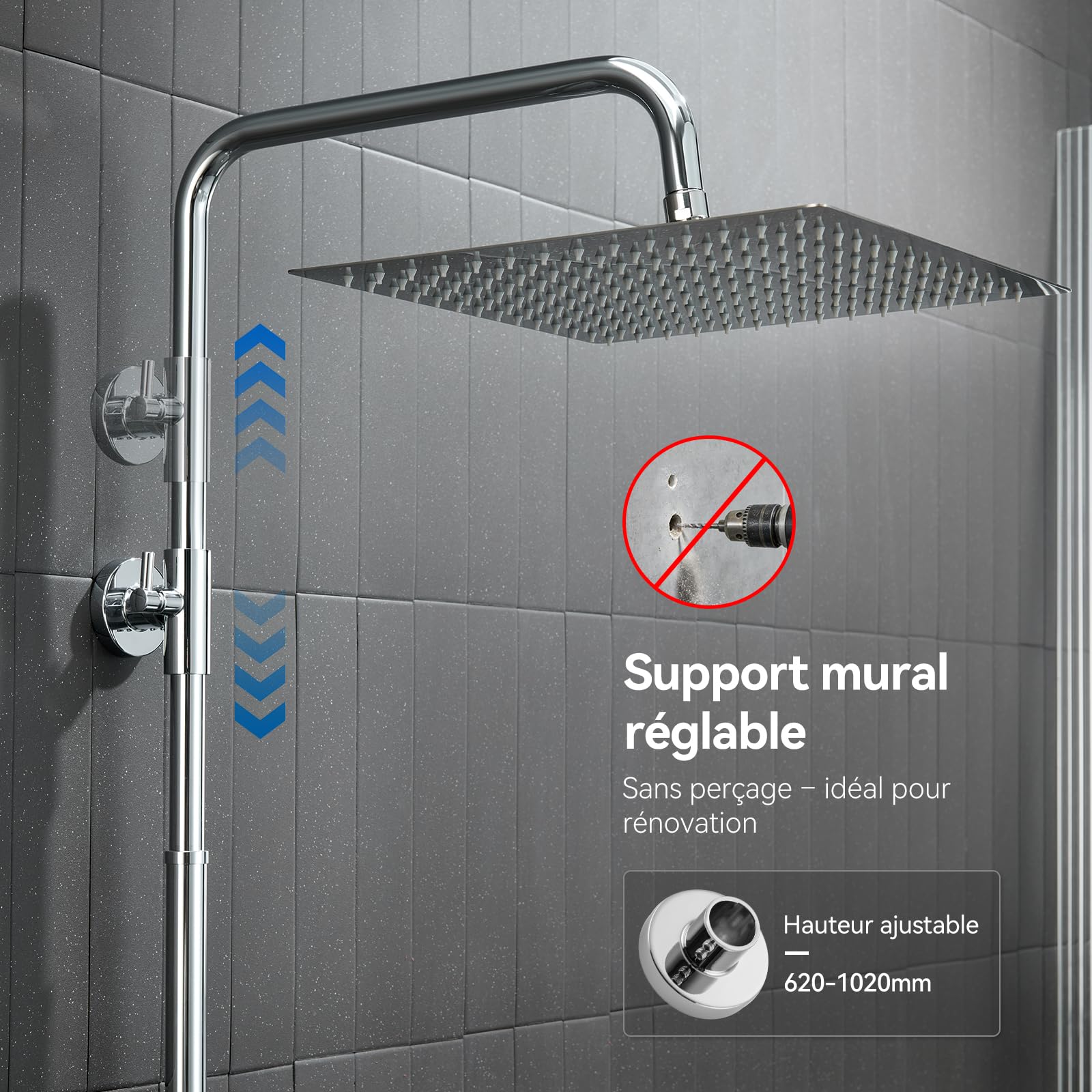 Auralum Colonne de Douche Sans Mitigeur Chrome Mat en Laiton, Colonne Télescopique 68-108cm avec Tête de Douche Carrée 12", Douchette Carrée et Flexible PVC, pour Baignoire et Salle de Bain