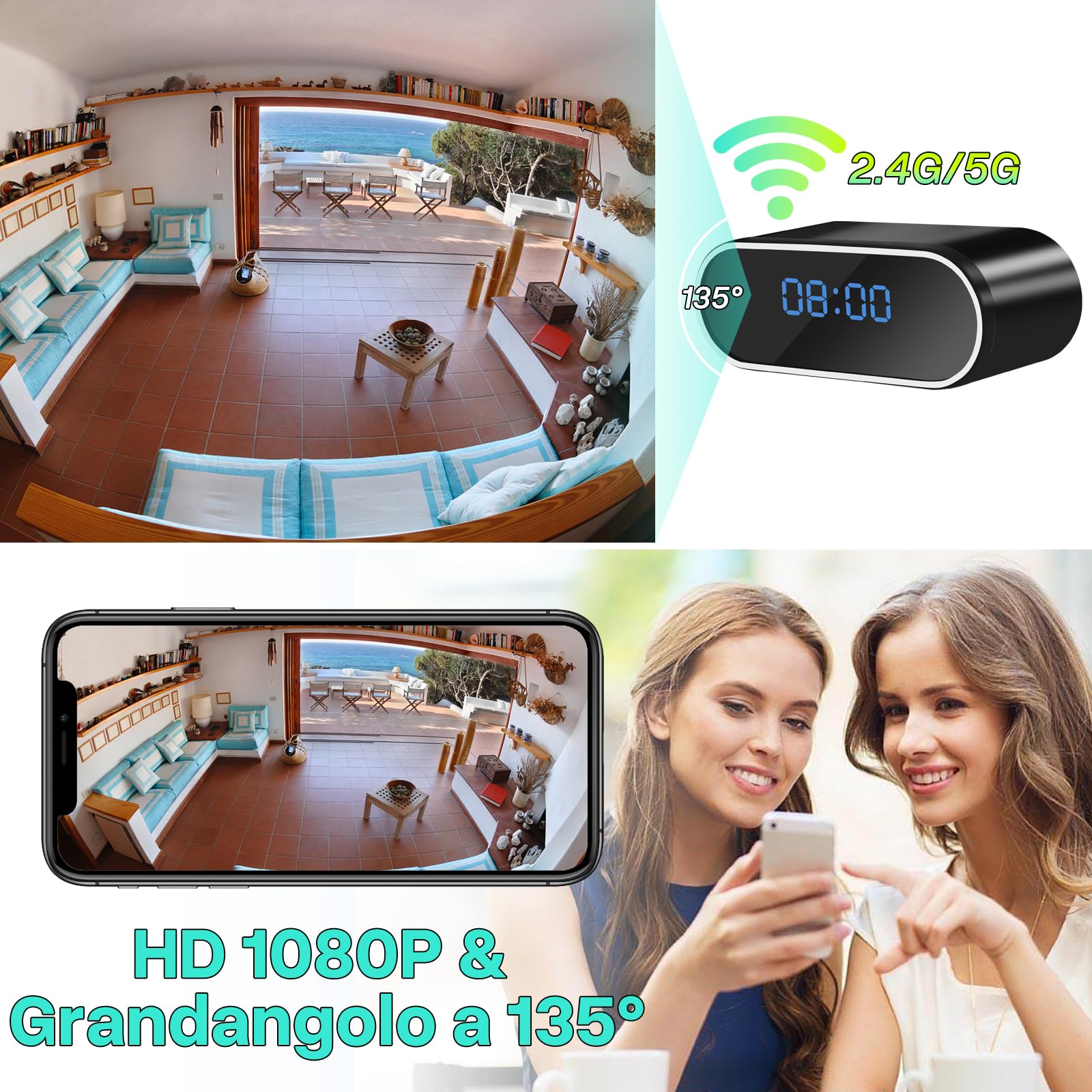 Orologio Telecamera Spy HD 1080P, Microcamera Nascosta Camuffata per Interni, Mini Telecamera Spia WiFi 2.4/5G Visione Notturna, Movimento Rilevamento, 135° Grandangolo Ottima per Casa/Ufficio