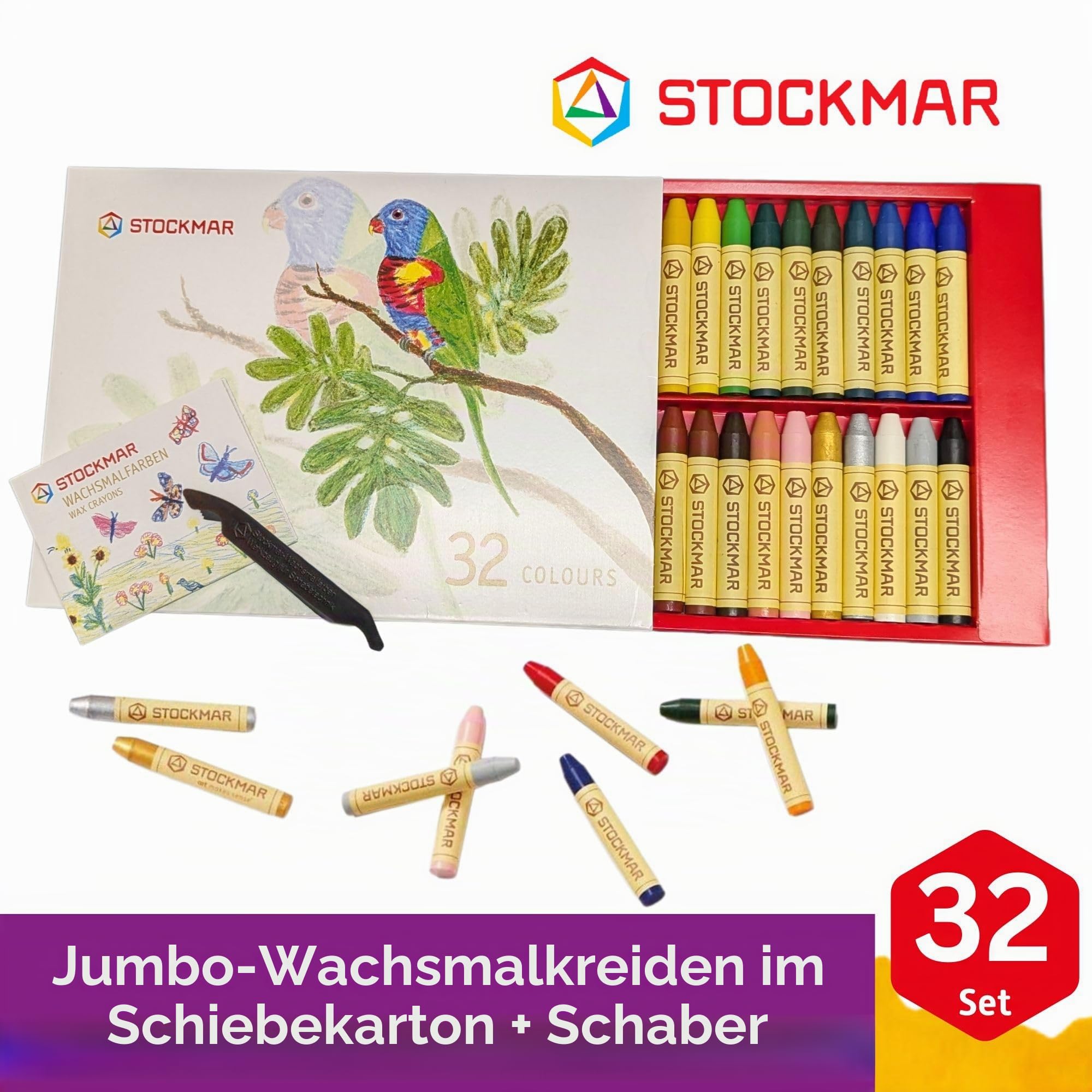 STOCKMAR - Wachsmalstifte | Wachsmalstifte mit natürlichem Bienenwachs für Kinder und Erwachsene, 32 Farben Set | Inhalt: 32xWachsmalstifte (8x7x2cm) inkl. Schaber im Kartonetui