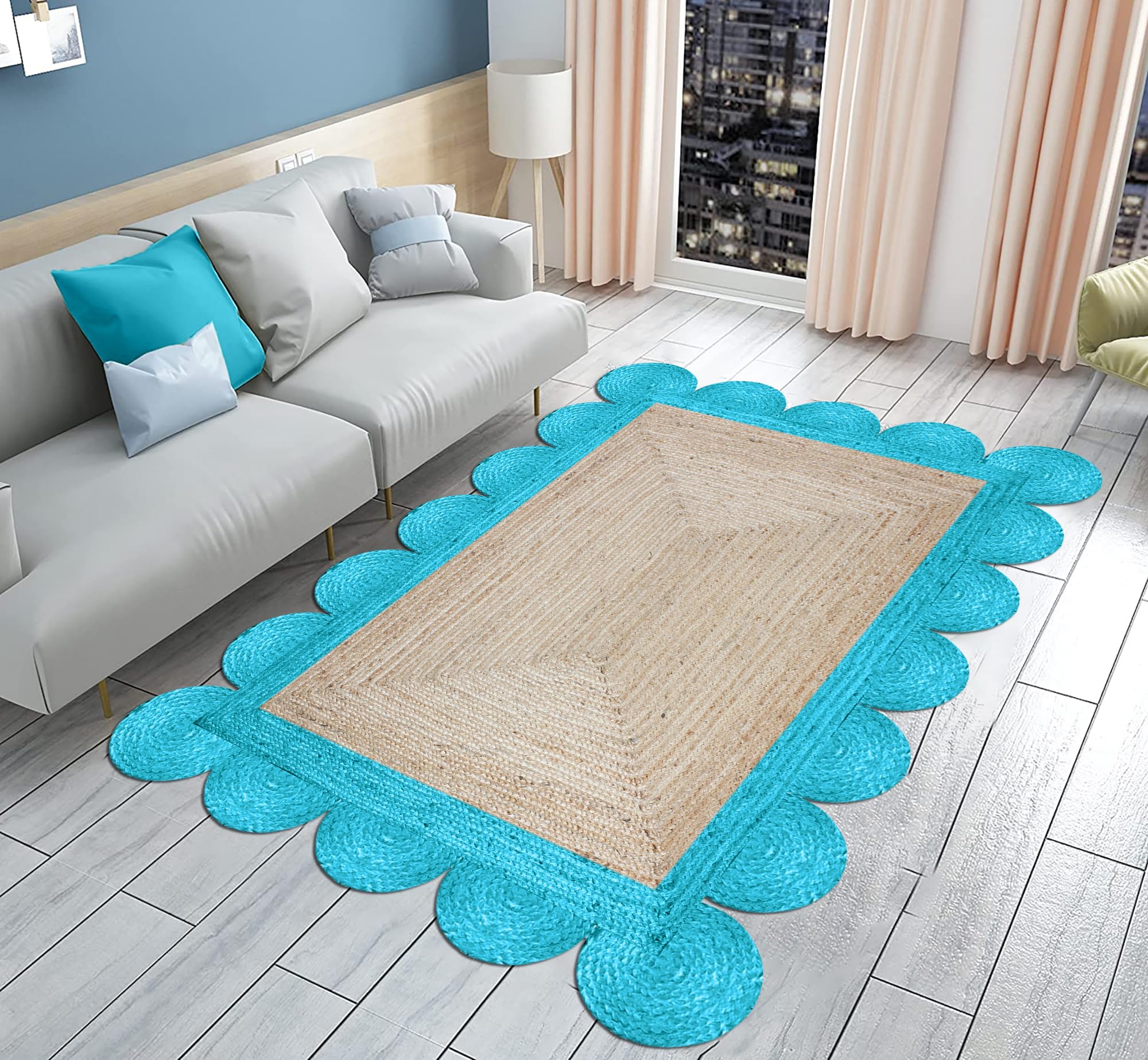 Gewellter Läuferteppich, natürlicher Juteteppich, 2 x 10, Beige & türkisfarbene Basis, gewebtes Flachgewebe für drinnen, draußen, Flur, Balkon, Eingangsbereich, Bauernhaus