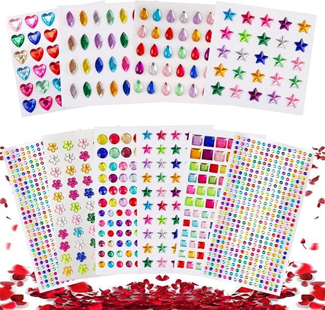 VEGCOO 1500PCS Self-Adhesive Rhinestones Stickers, Assorted Shapes Stick-on Crystal Multicoloured Acrylic Gems Stickers for DIY Crafts Decoration Nail Body Beauty (Red)