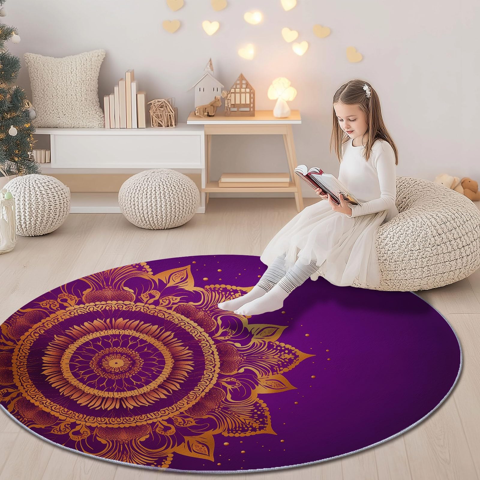Tapis rond antidérapant 160 cm lavable en machine imprimé mandala floral