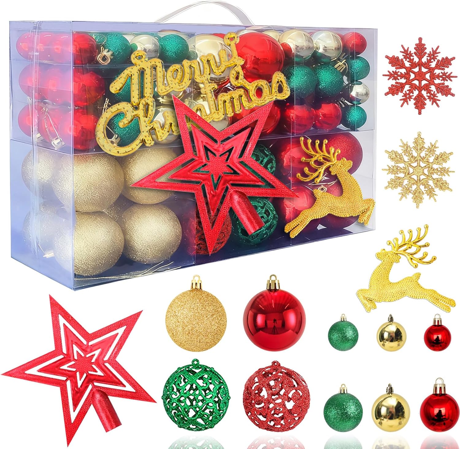 105 PCS Christmas Ornaments Set for Tree Decorations, Shiny, Matte, Glitter Plastic Hanging Christmas Balls with Loop for Xmas Tree Holiday Wedding Party Decorated Baubles (Gold Red Green) 105 PCS Christmas Ornaments Set for Tree Decorations, Shiny, Matte, Glitter Plastic Hanging Christmas Balls with Loop for Xmas Tree Holiday Wedding Party Decorated Baubles (Gold Red Green)