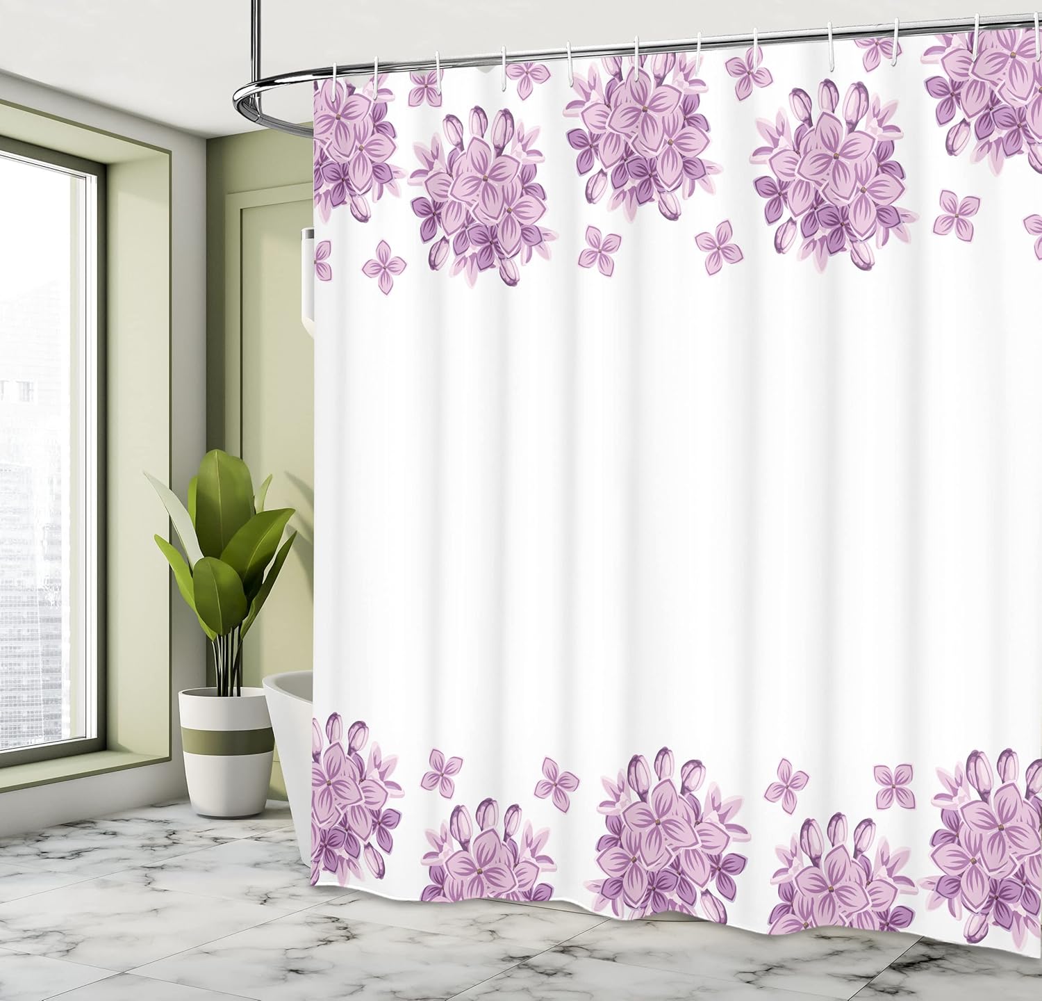 Ambesonne Floral Shower Curtain, Graphic Lilac Flower Blossoms on White Background Spring Nature Illustration, Cloth Fabric Bathroom Decor Set with Hooks, 69" W x 75" L, Lilac White