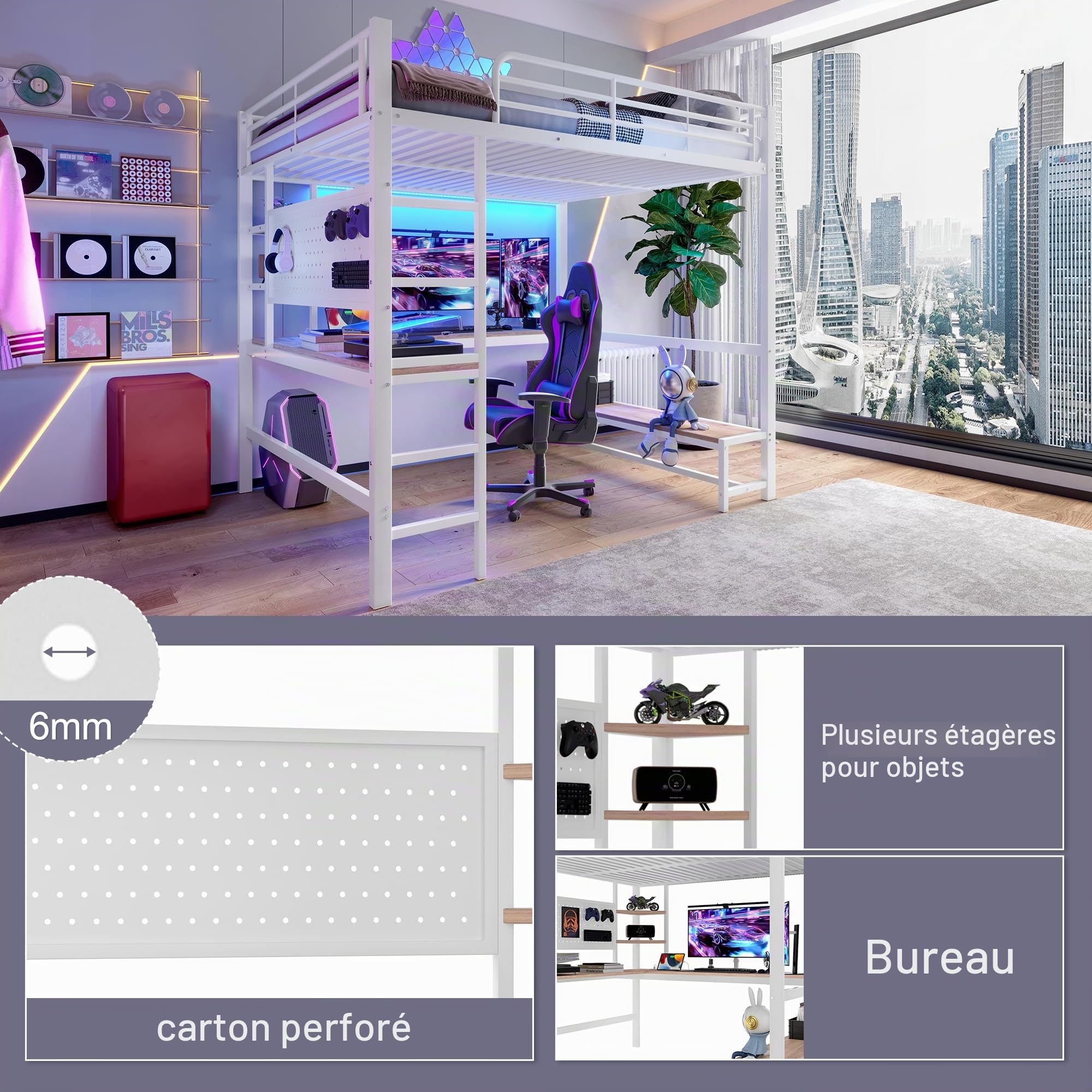 Lit mezzanine 140x200cm, avec port USB et lumière LED, lit en fer avec bureau, étagères de rangement et panneau suspendu, lit double avec barrières de sécurité et échelles,blanc(matelas non inclus)