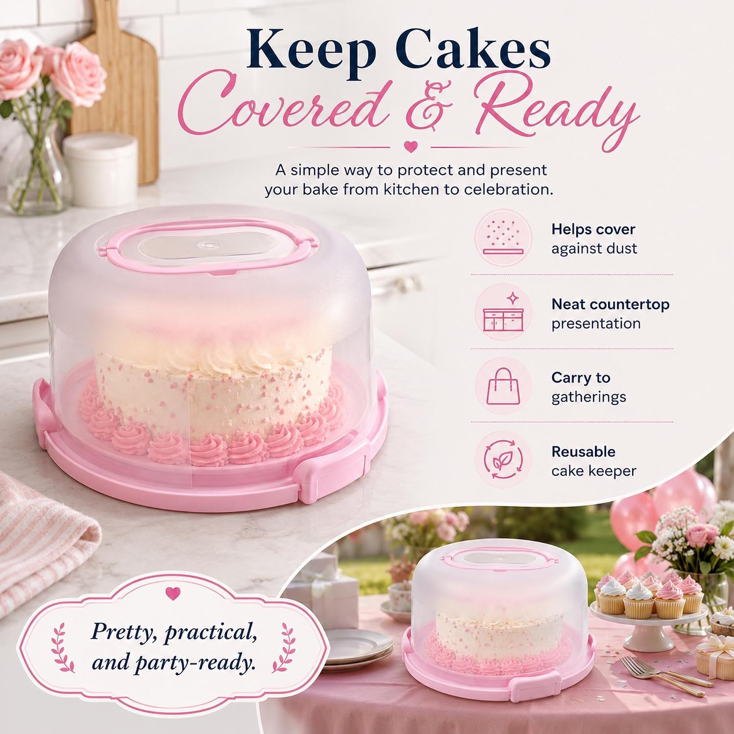 Round Cake Carrier with Lid and Handle, 11 Inch Portable Cake Container