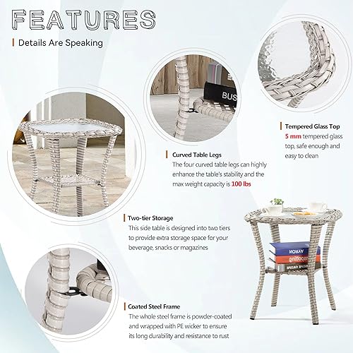 Miniatura 4 de Joyside Mesa auxiliar de mimbre para exteriores de 20 x 20 x 22 pulgadas, mesa de centro de patio con vidrio templado de 0.197 in y práctico estante