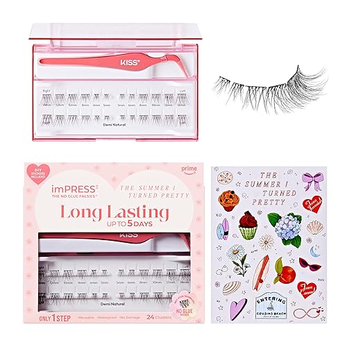 imPRESS | The Summer I Turned Pretty Long Lasting Self Adhesive Eyelashes, ‘Demi Natural’, 24 Natural Volume Press On Lash Clusters, 5mm-14mm, Non-Stick Applicator, Bonus Stickers, Reusable Case - Demi Natural