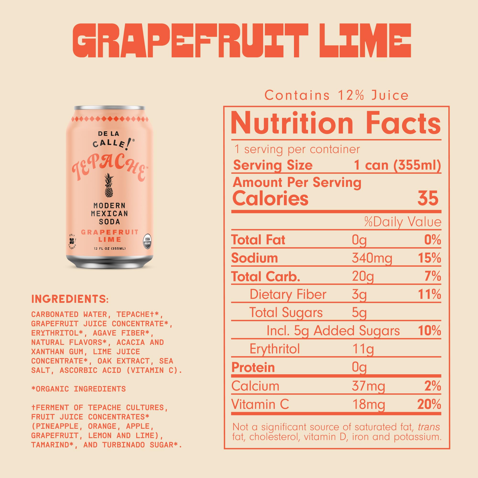 De La Calle, Tepache Grapefruit Lime Paloma Organic, 12 Fl Oz