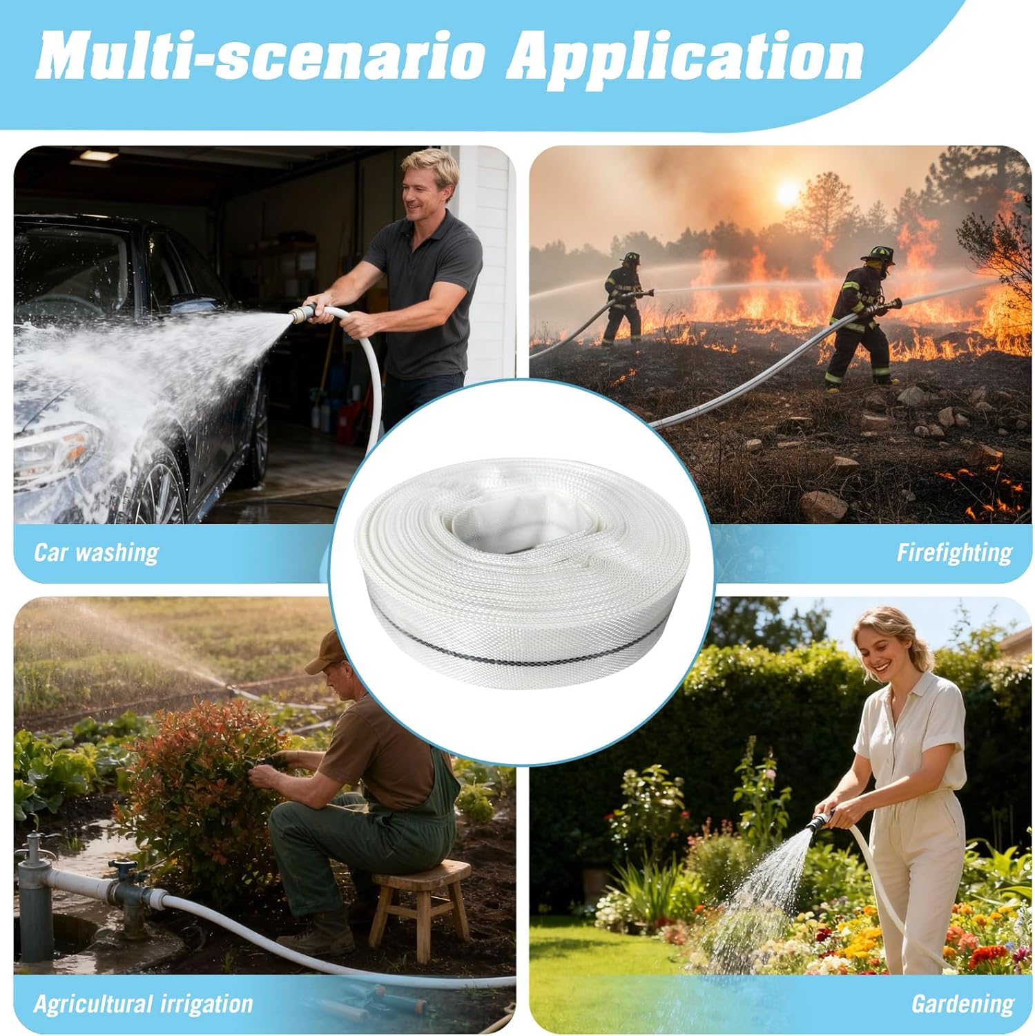 20 m fabric hose, 1 inch, flat hose, industrial hose, water hose, 1 inch hose, 25 mm with 4 clips for drain ponds, garden irrigation, submersible pumps