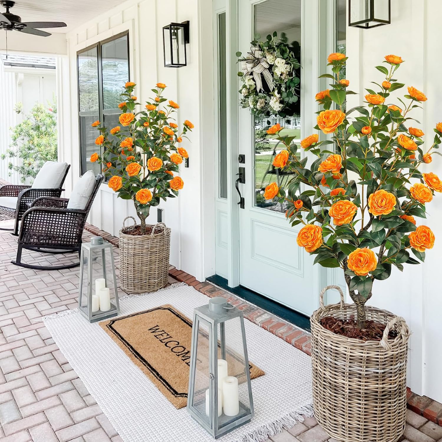 2 Pack 43.3"/3.6FT Artificial Tree with Camellia Flowers Fake Tree with 32 Blooming Flowers Orange Tree for Spring Home Front Door Outdoor Indoor Decor (Including Dried Moss) - Image 4