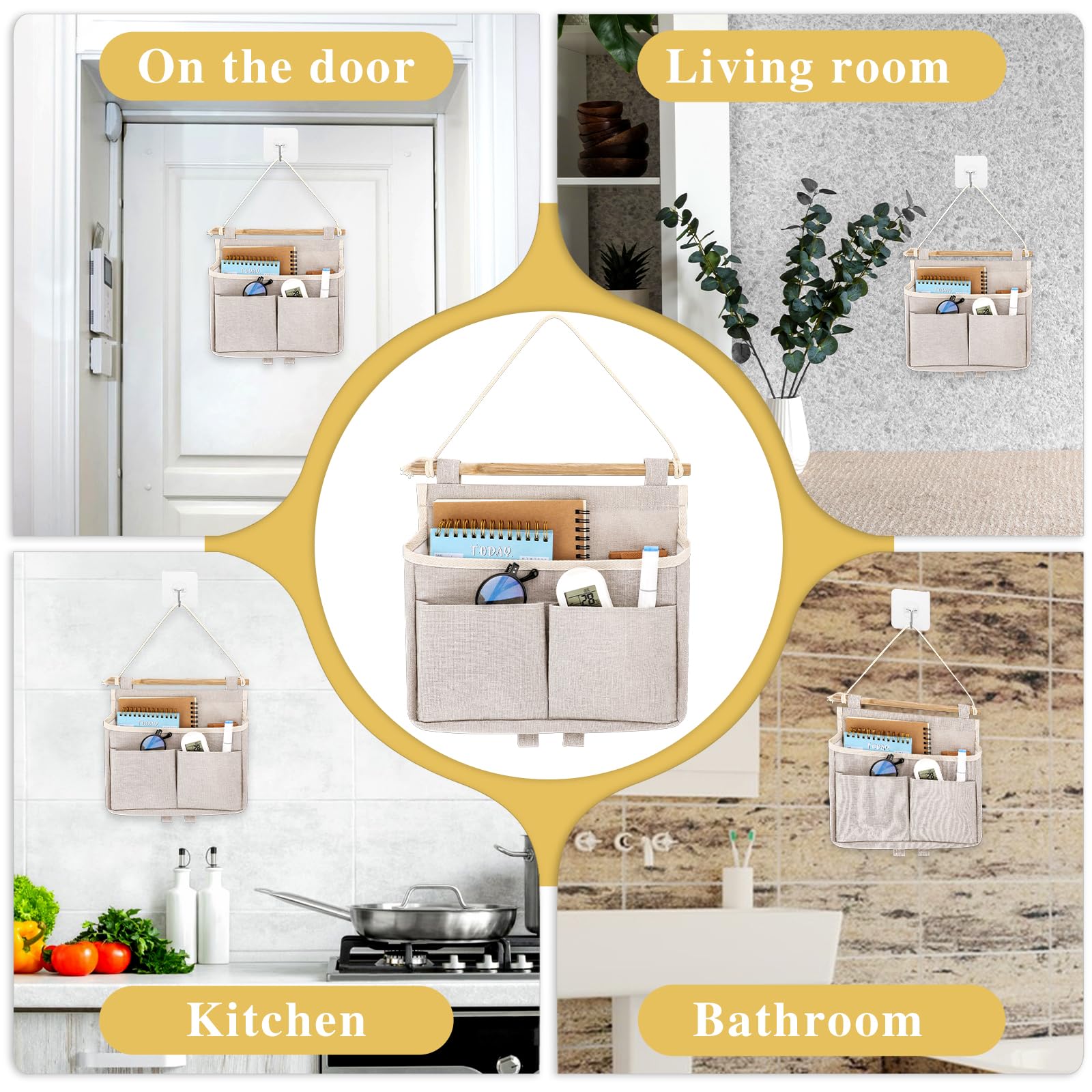 Jeffdad Hängeorganizer Hängetasche, 3 Fächer Wand Aufbewahrungstasche, Faltbares Wand Organizer Hängend Bad mit Klebriger Haken, 25 x 25 cm Hängekörbchen für Zuhause Diele Büro Schlafsaal Bad(Beige)