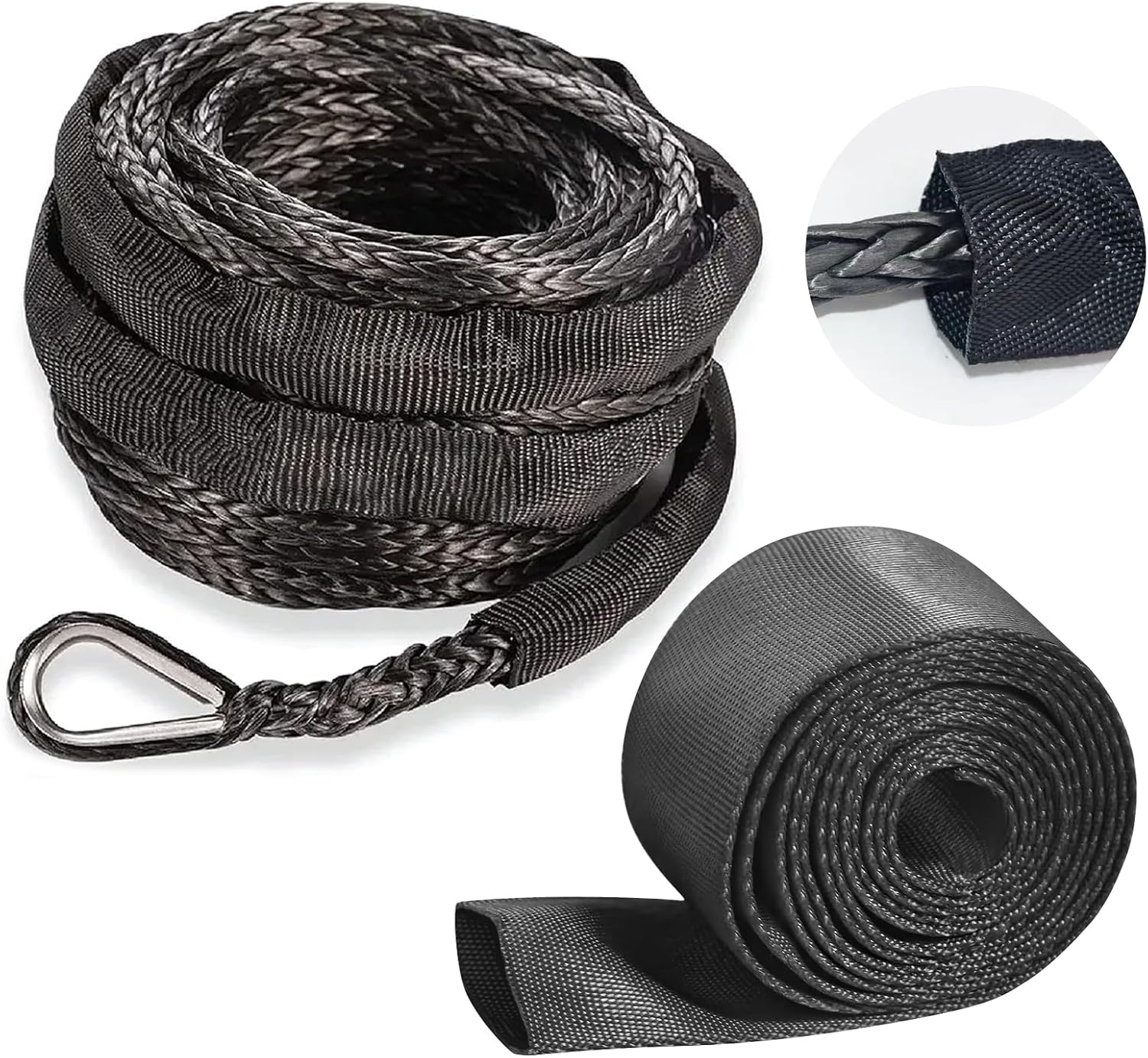 Flylin Winch Rope Protector, Universal Polyester Winch Rope Sleeve, Black, 5cm x 2m