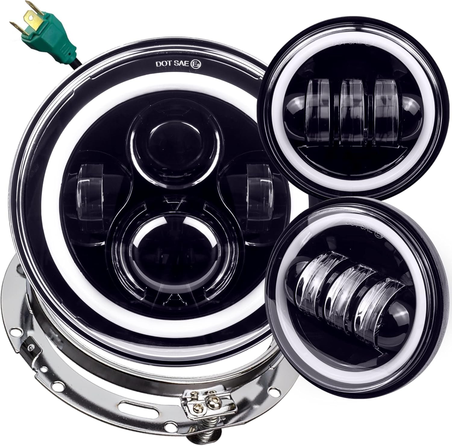 Eagle Lights 9100BPK 7 Inch LED Headlight and LED Spot/Passing Light Kit with White Halo Rings Compatible With Harley Davidson and Indian Motorcycles - Generation I/Black Halo Kit
