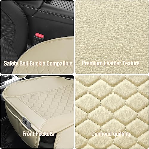 Miniatura 3 de Elantrip 2 fundas de asiento de automóvil de piel sintética beige con acolchado cómodo y bolsillos de almacenamiento, impermeables, antideslizantes,