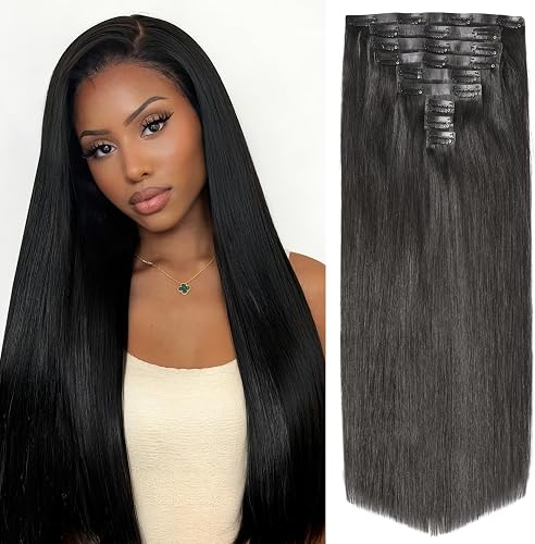 LUVME Seamless Silky Straight 100% Real Human Hair Clip In Extensions | 18 Inch 135g 9pcs, #1B Natural Black, Seamless Weft, Natural Blend, Soft Silky Texture, Daily Wear