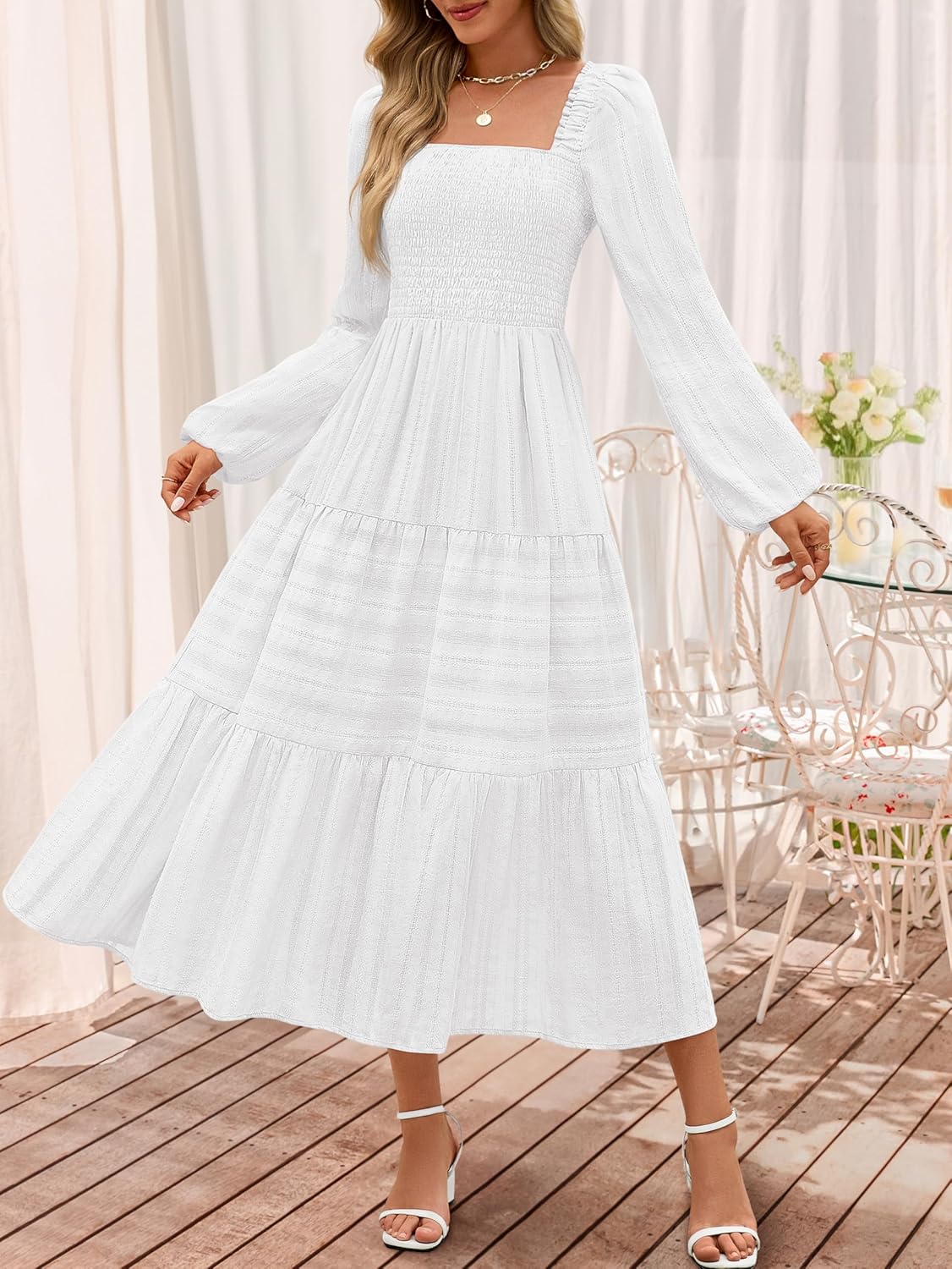 MEROKEETY Women's 2025 Long Sleeve Fall Dress Square Neck Smocked Flowy Tiered Casual Maxi Dresses with Pockets - Image 7