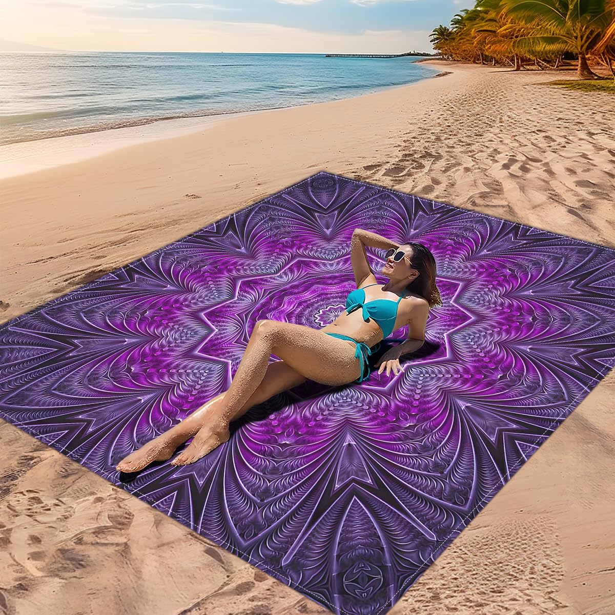 DOTBUY-SHOP Large Beach Blanket, 3D Mandala Waterproof Picnic Blanket Portable Foldable Tent Carpet, Beach Mat with 4 Stakes Sandproof Camping Blanket for Outdoors (Black Violet,180x180cm)