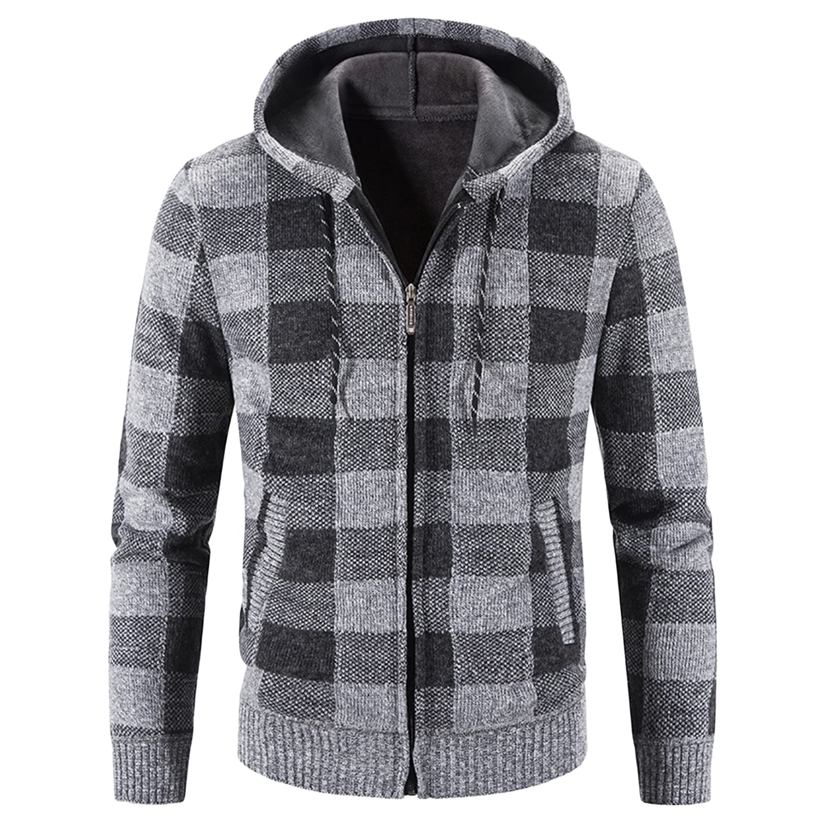 Maiyifu-GJ Men Sherpa Lined Full Zip Hooded Plaid Slim Fit Flannel Hoodies Shirt Jacket Fleece Thick Casual Cardigan Sweater (Light Grey,Medium)