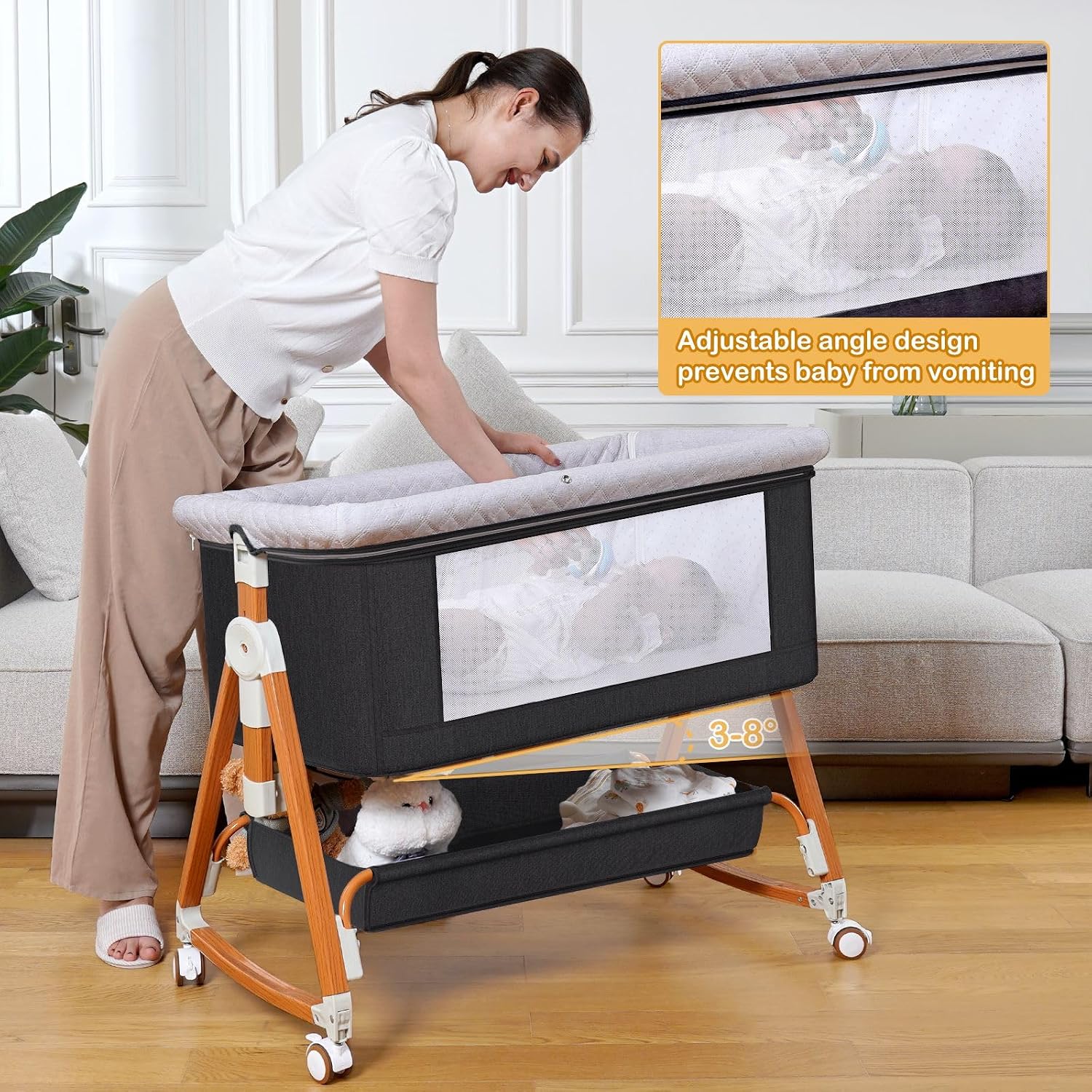 Baby Bassinet, Bedside Bassinet for Baby, 3 in 1 Bassinet Bedside Sleeper with Wheels, Mosquito Net, 6 Height Adjustable Easy Folding Portable Baby Bed for Infant Newborn (Dark Grey)