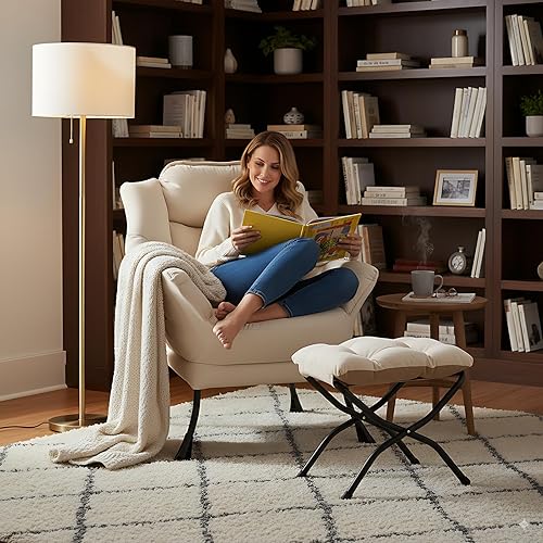 Miniatura 7 de LITA Silla Lazy con otomana, sofá tapizado de ocio de acento moderno, silla de lectura contemporánea con reposabrazos y un bolsillo lateral para