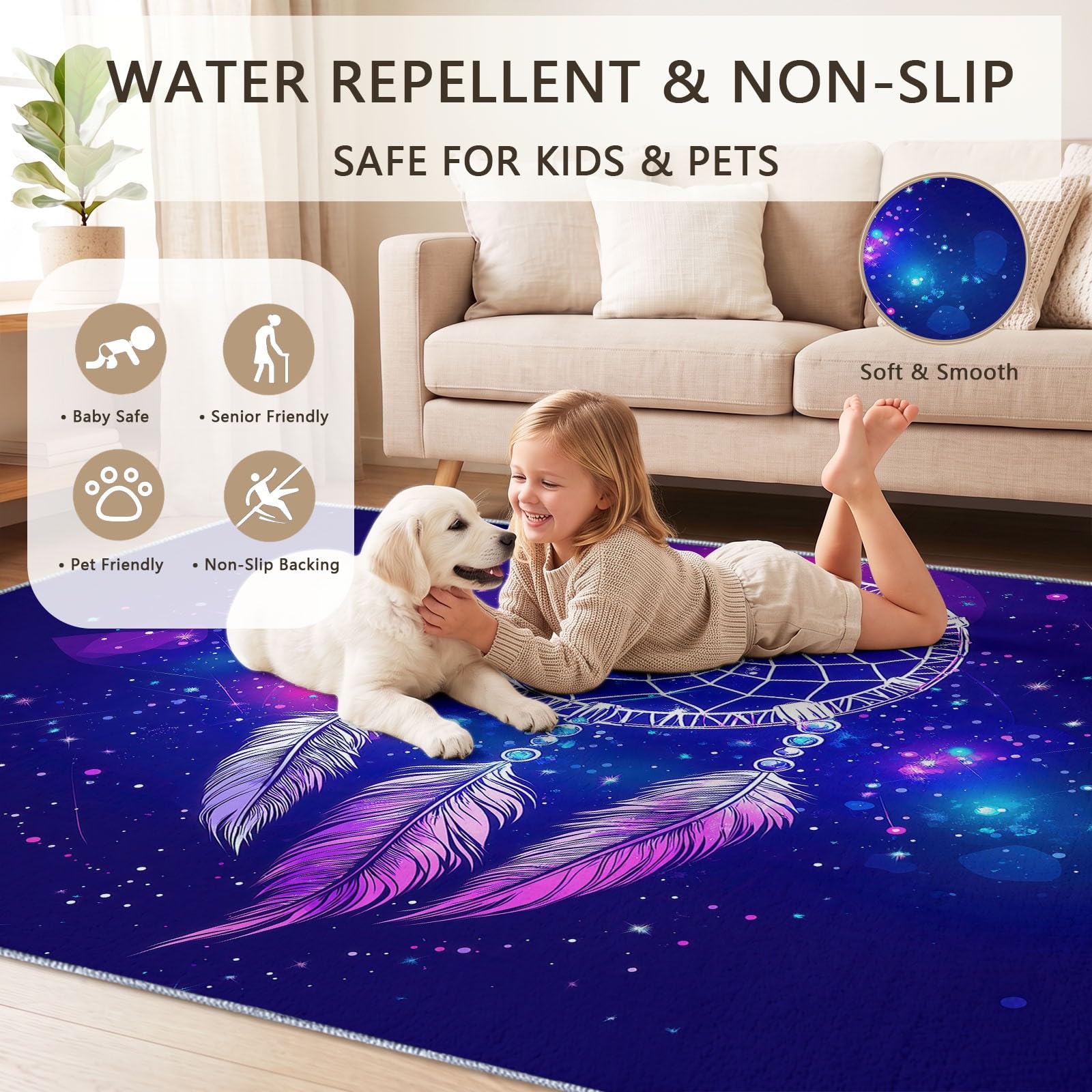 Waschbarer Wohnzimmerteppich, Galaxie Traumfänger Federn Niedriger Flor Teppich, Weich Hautfreundlich, Mystisch Fantasy Groß Rutschfest Teppiche für Schlafzimmer und Kinderzimer, 120 x 180 cm