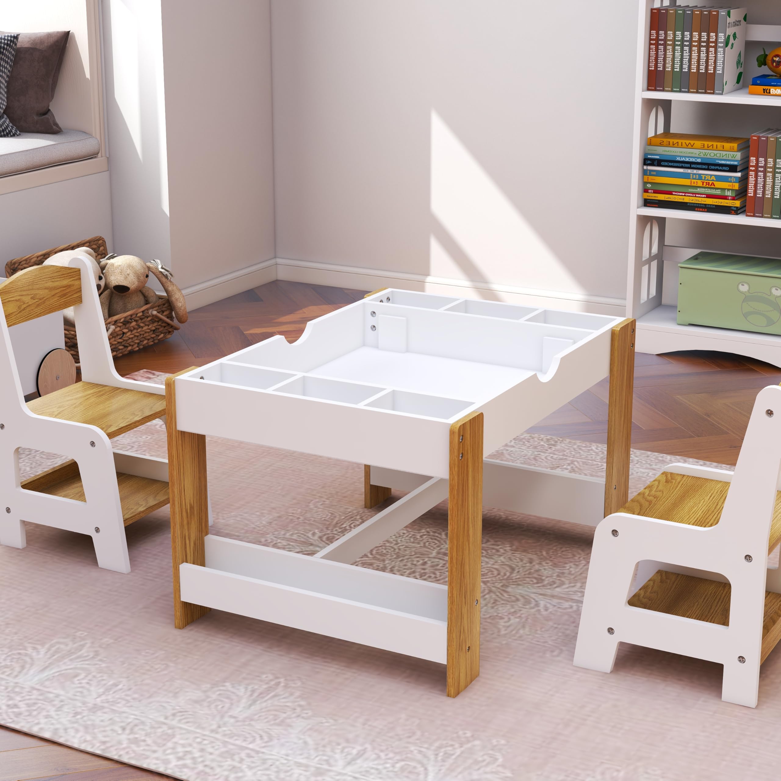OQSC Wooden 3 in 1 Kids Table and Chairs Set with 2 Storage Baskets, Kids Lego Table, Children Activity Table with Book Storage for Reading, Writing, Playing, White