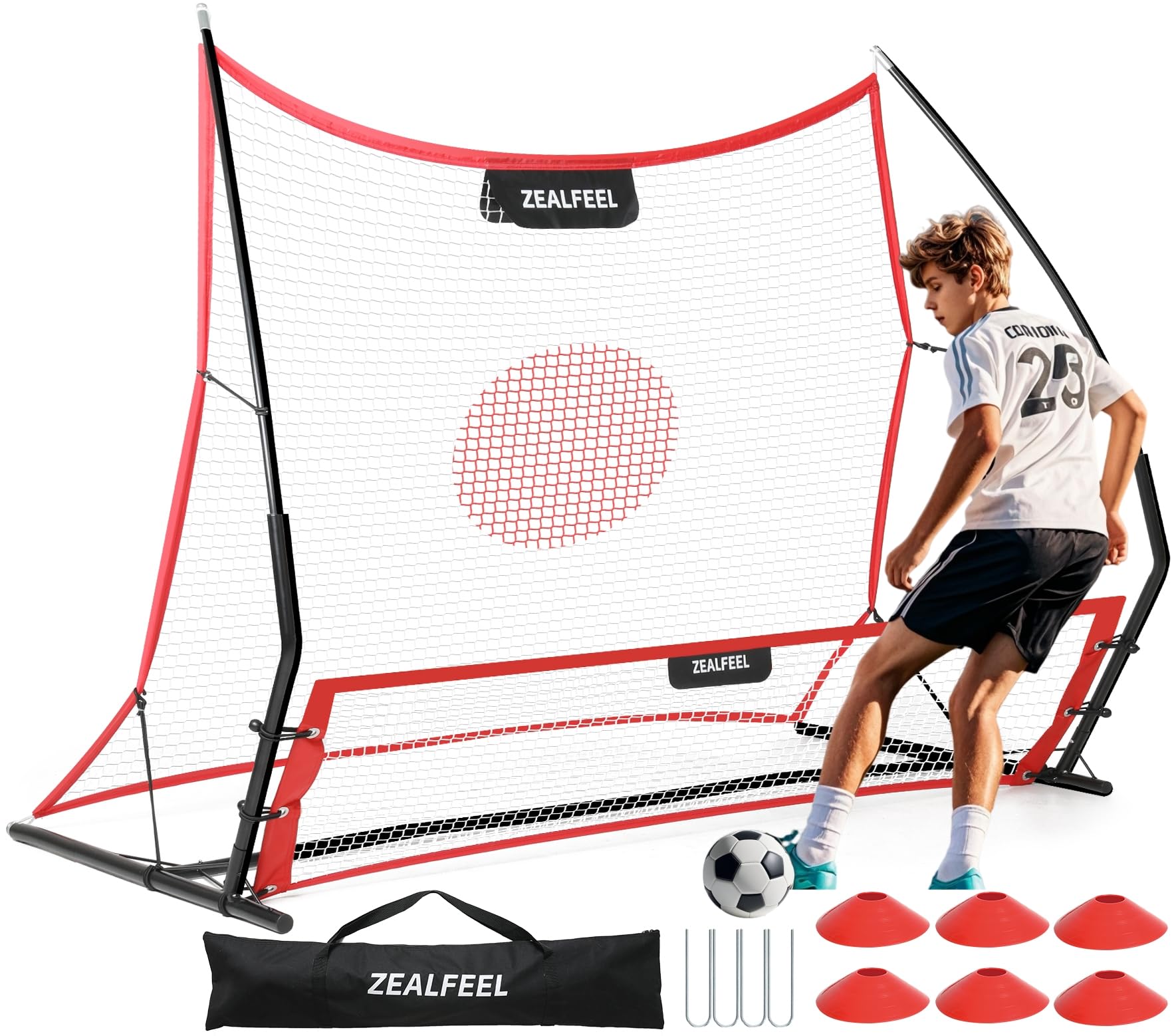 ZEALFEEL Soccer Rebounder, 2-in-1 Soccer Rebound Net, 6'x4.7' Large Net & 6'x16in Small Nets, Bounce Back Practice for Team Volley Passing Solo Training, Football Trainer with Backpack Cones