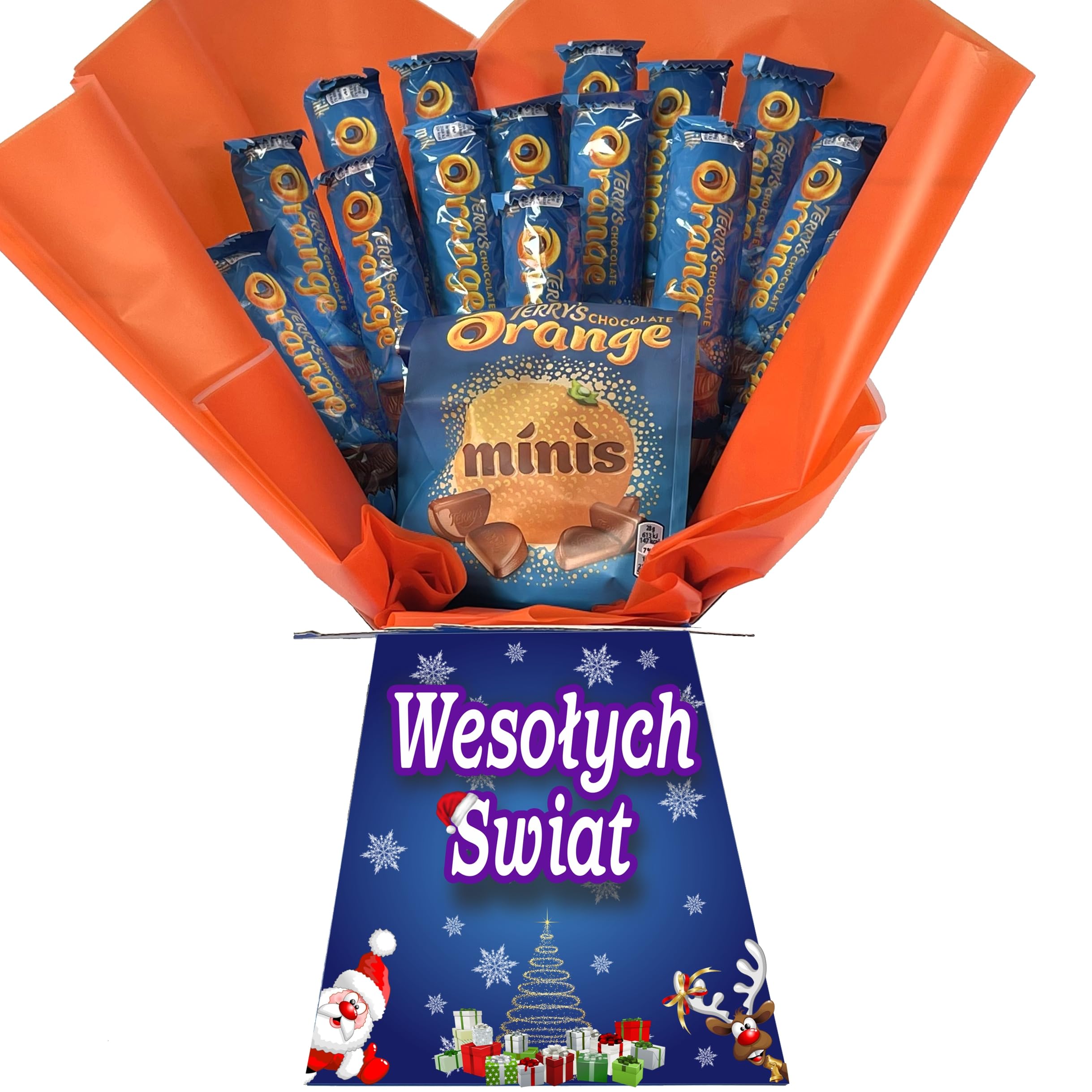 Bukiet/Kosz czekoladowy na Boże Narodzenie – spersonalizowany prezent z życzeniami świątecznymi dla niego lub dla niej (kompatybilny z TERRYS CHOCOLATE ORANGE)
