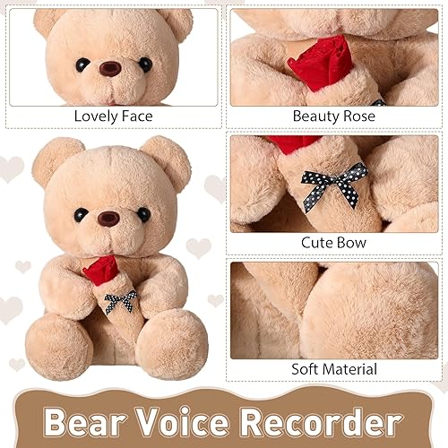 Miniatura 4 de Hungdao Oso de peluche para el día de San Valentín con grabación de voz de 14 pulgadas, lindo oso de peluche con rosa, módulo de grabadora de sonido