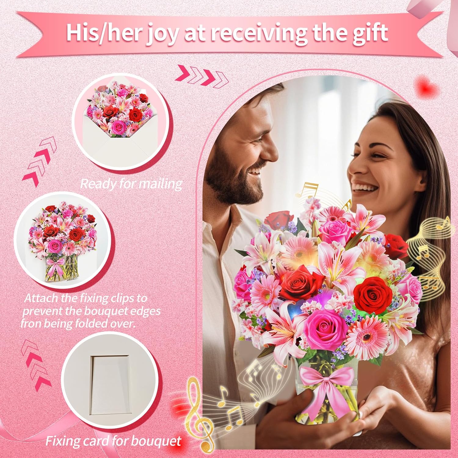 XTF2015 Flower Bouquet Birthday Cards with MUSIC & LIGHTS, Happy Birthday Cards, Lily Daisy Carnations, Anniversary Card, Paper 3D Pop Up Bouquet Greeting Card Gift for Mom Wife Women - Image 5