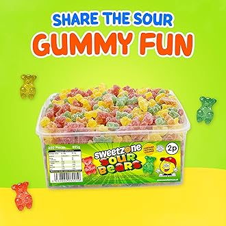 Sweetzone Sour Gummy Bears Sweets Tub, Halal Gummy Candy in Retro Fizzy Sweets, 805g Tub of 350 pcs of Gummies Candy, Sour Gummy Bears Packed with Flavour and Tangy Taste for Kids, and Sweet Lovers