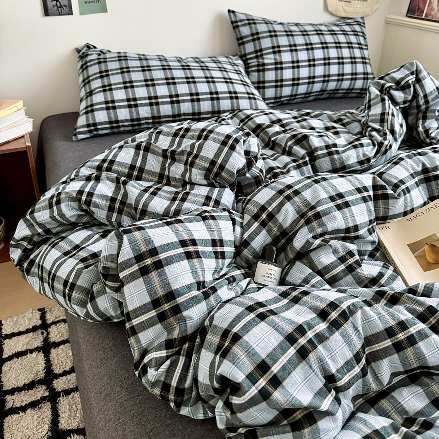 mixinni Vintage Grey & Off-White Buffalo Plaid Duvet Cover Set Queen Size - 3 Piece Washed Cotton Bedding Set with Grid Pattern, Soft & Breathable Duvet Cover with Pillowcases for Boys, Men& Women — image 1