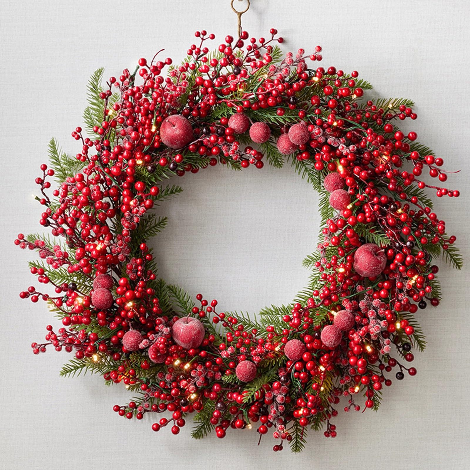 OPFdfhDFH Christmas wreaths, Pre-Lit Artificial Christmas Wreath, Battery Operated, Decorated with Berries, Apples, Holiday Garland for Front Door, Window, Wall(60cm/23.6in)