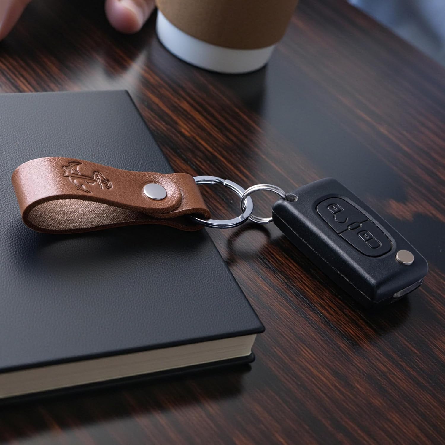 MAGOR Full-Grain Leather Keychain, Personalized Brown Leather Key Ring, Hot Embossed Car Keychain, Gift for Him & Her