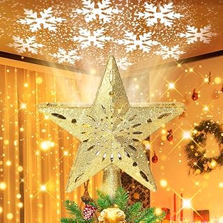 Qoosea Weihnachtsbaumspitze Rotierende 3D Glitzer-Schneeflocke mit 6 wechselnden LED-Lichtmodi, Winterlicher Glitzer-Stern für Weihnachtsbaumspitze für Xmas Urlaub Zuhause Party Dekoration(Gold)
