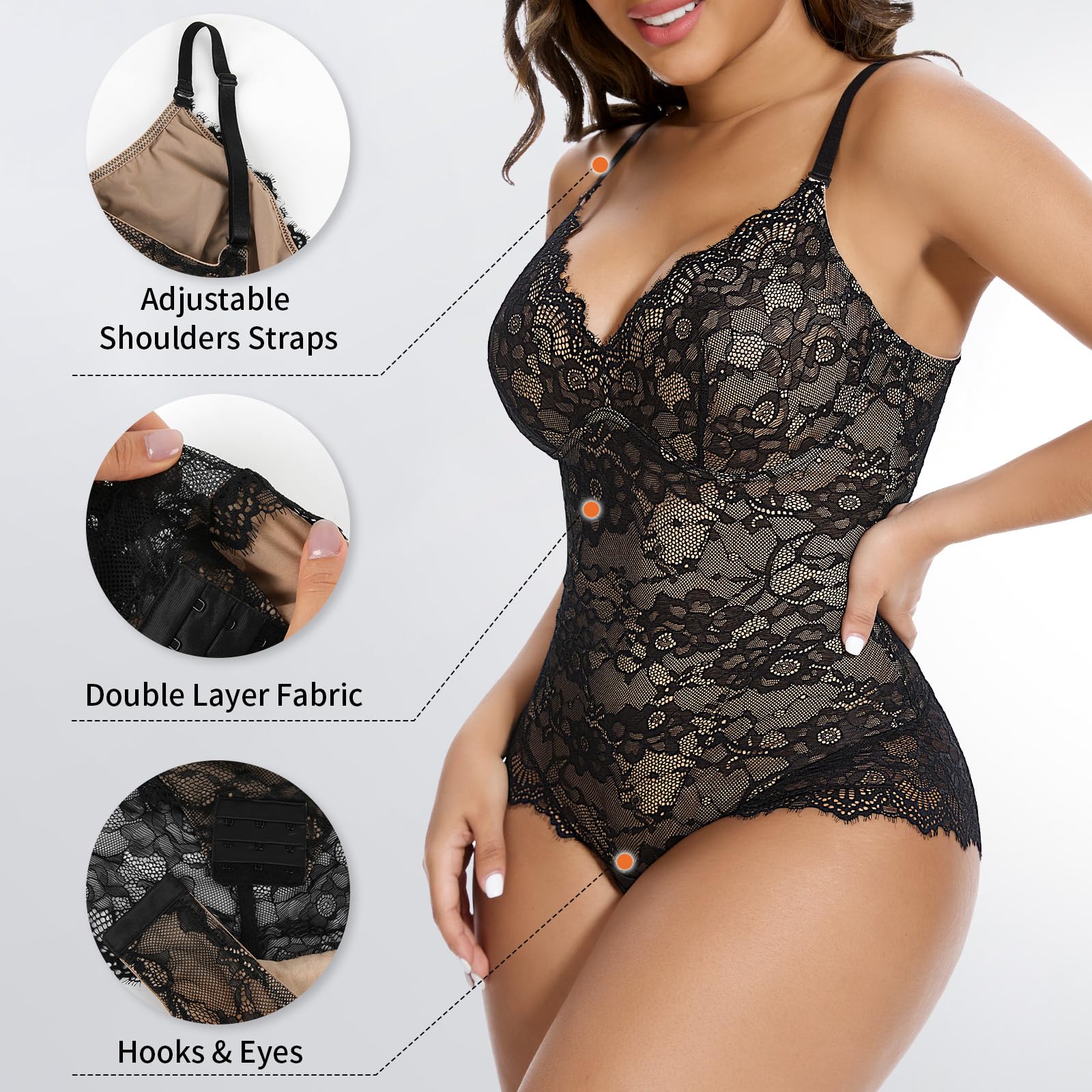 Body en Dentelle Shapewear Femmes Dos Nu Corps façonnage Ventre contrôle Justaucorps Combinaisons Hauts col en V Corps Haut